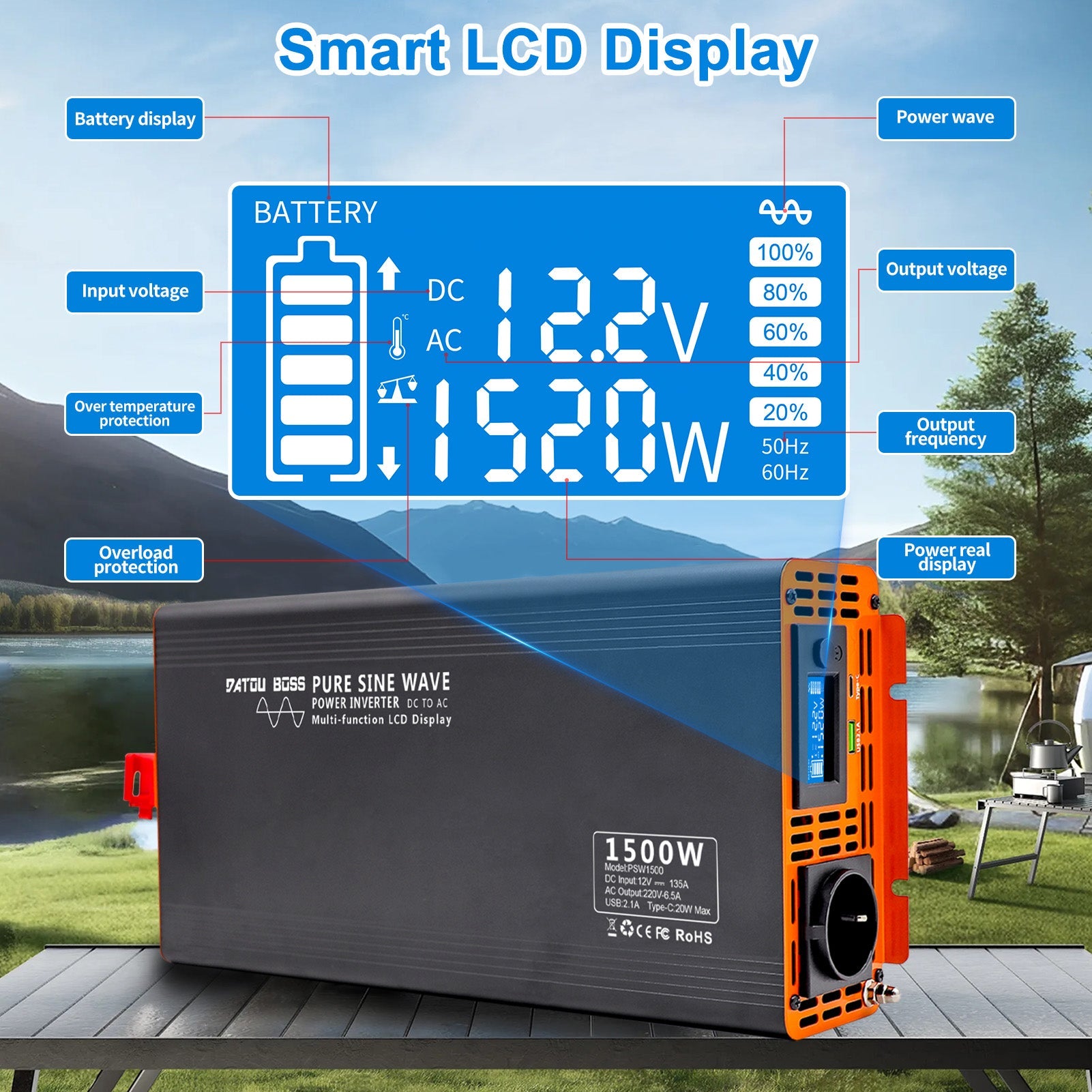 DATOUBOSS 1500W Pure Sine Wave Inverter, 12V to 230V AC Voltage Converter, Peak Power 3000W with 1 EU Socket, LCD Screen, 1 Type-C and 1 USB Ports for Household Appliances, Motorhome Car, Truck