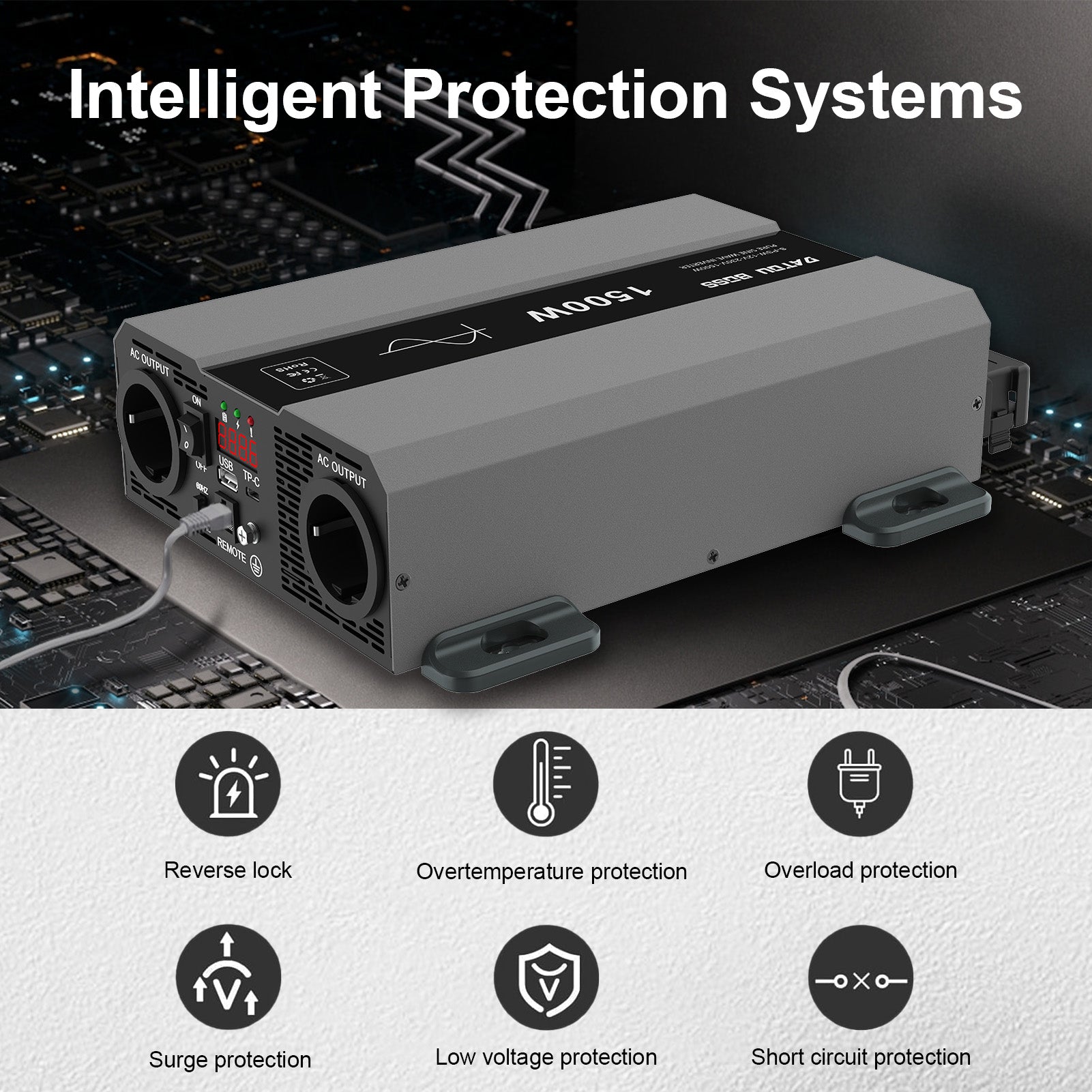 DATOUBOSS 1500W Pure Sine Wave Inverter, 12V to 230V AC Power Converter, Peak Power 3000W with EU Sockets, USB Ports and USB-C Output for Household Appliances, Car, Caravan, Truck