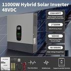 DATOUBOSS 11KW 48V Hybrid Solar Inverter for on/off-grid use, supports battery-free operation. Features 150A MPPT charger and BMS protection for 48V batteries