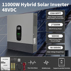 DATOUBOSS 11KW 48V Hybrid Solar Inverter for on/off-grid use, supports battery-free operation. Features 150A MPPT charger and BMS protection for 48V batteries