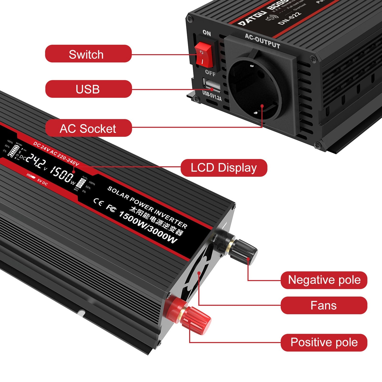 DATOUBOSS 1500W Pure Sine Wave Inverter, 24V to 230V AC Car Power Converter, Peak Power 3000W with EU Sockets, USB Ports and LED Display for Household Appliances, Car, Caravan, Truck Secondary image