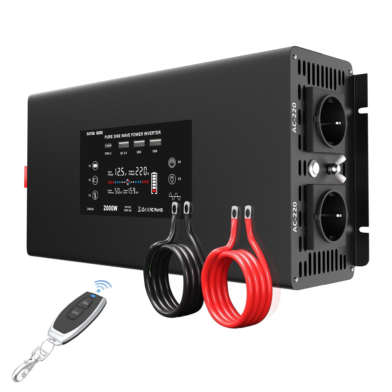 DATOUBOSS 2000W Pure Sine Wave Inverter, 12V to 230V AC Voltage Converter, Peak Power 4000W with Remote Control 2 EU Sockets, 3 USB, 1 Type-C Converter Voltage Converter for Car, Motorhome Main image