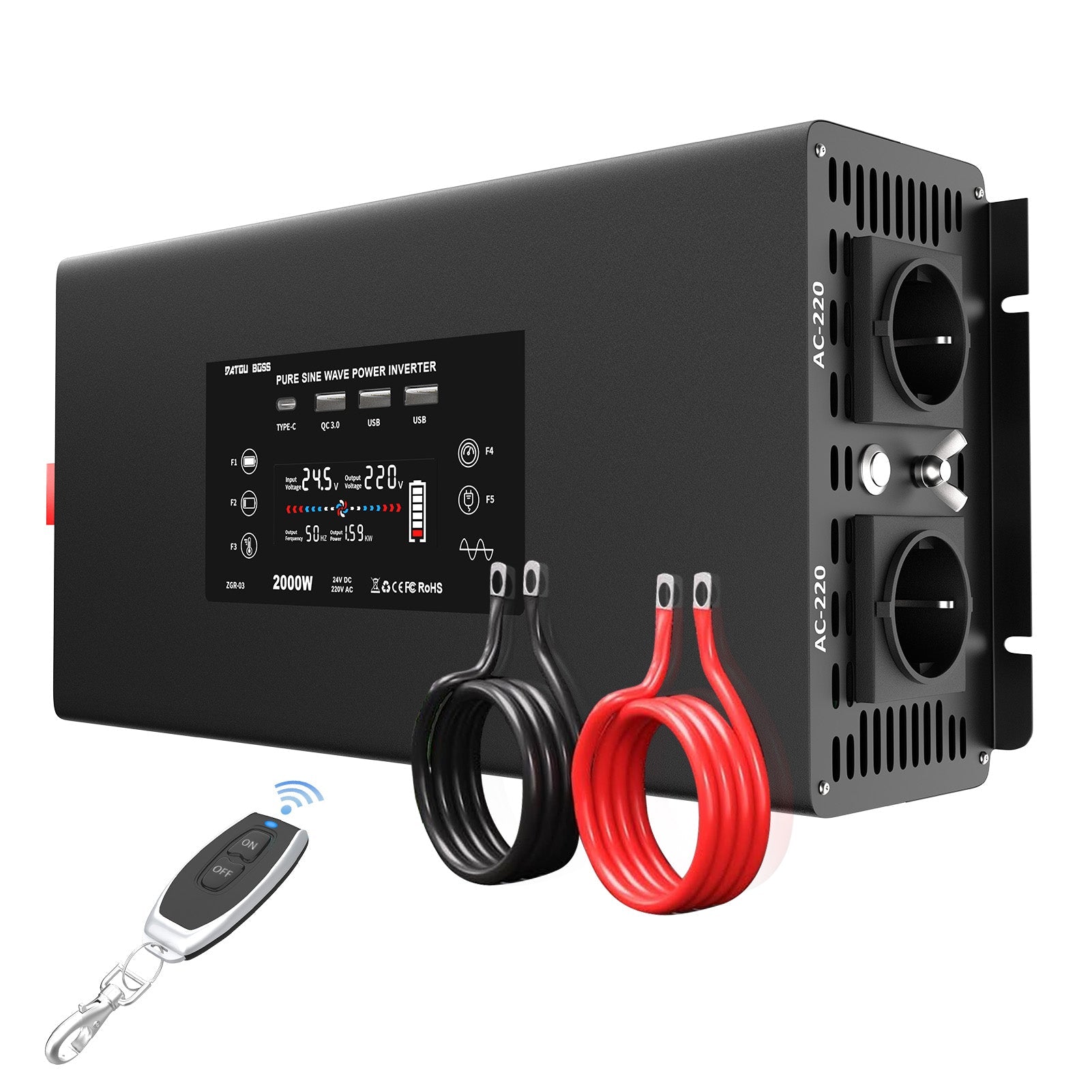 DATOUBOSS 2000W Pure Sine Wave Inverter, 24V to 230V AC Voltage Converter, Peak Power 4000W with Remote Control 2 EU Sockets, 3 USB, 1 Type-C Converter Voltage Converter for Car, Motorhome Main image