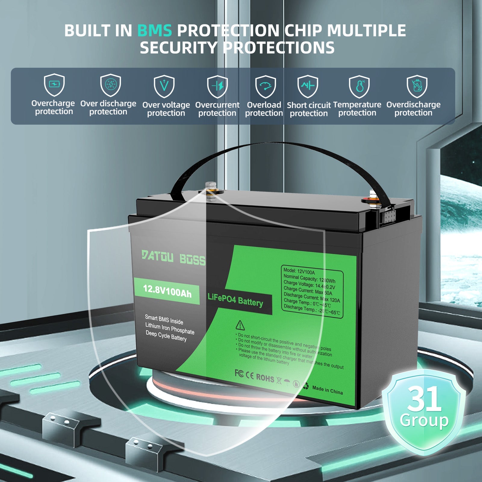 DATOUBOSS 12V 100Ah LiFePO4 Lithium Battery with 100A BMS  Deep Cycle Battery for RV Solar Home System Secondary image