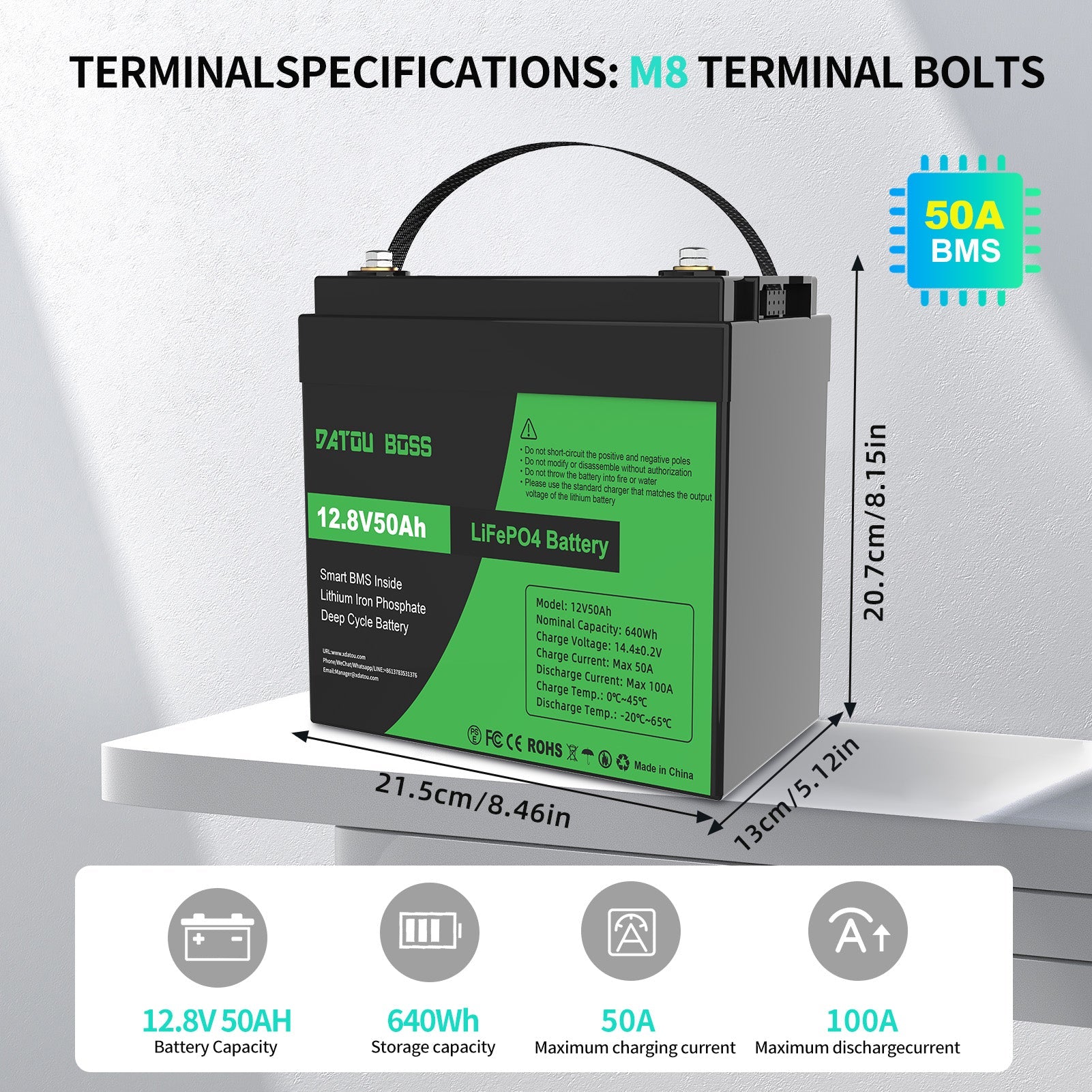 DATOUBOSS 12V 50Ah LiFePO4 Lithium Battery with 50A BMS  Deep Cycle Battery for RV Solar Home System
