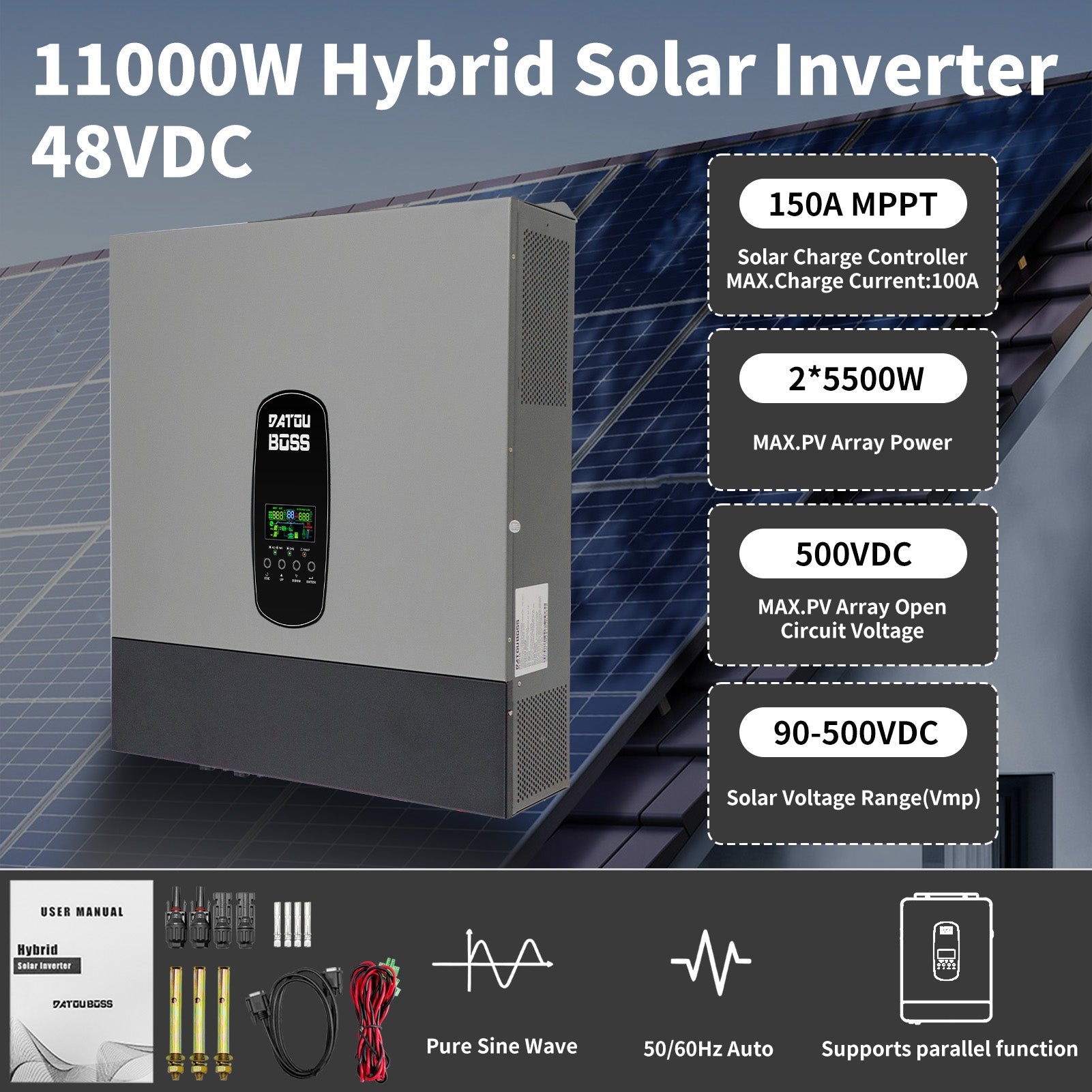 DATOUBOSS 11KW Hybrid Inverter 48V, Hybrid Solar Inverter On Grid, Supports Battery-Free Operation, 48V DC to 220/230V AC, BMS Protection System, with 150A MPPT for 48V, 27A PV Input, with Lightning Protection(Compatible with WiFi 04) Secondary image