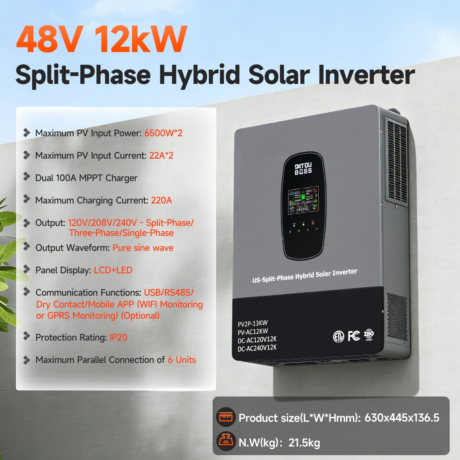 DATOUBOSS 48V 11KW Hybrid Inverter. battery-free operation, BMS protection, and 150A MPPT, for RVs and off-grid living.