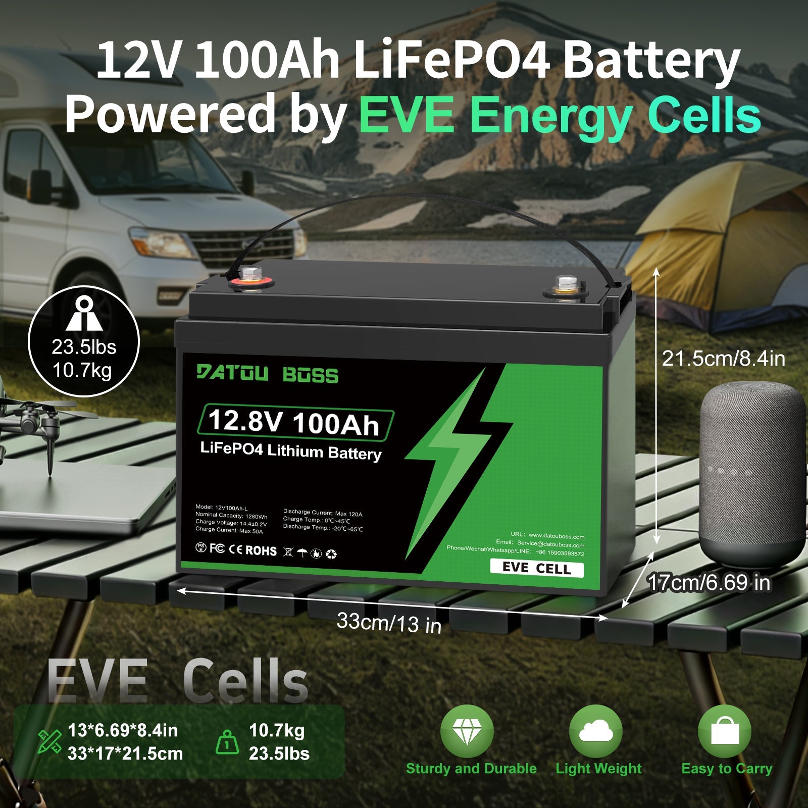 DATOUBOSS 12V 100Ah LiFePO4 Battery EVE Cells, with 100A BMS Deep Cycle Battery for RV Solar Home System - Xdatou | Rechargeable Lifepo4 Batteries Voltage Converters Inverter