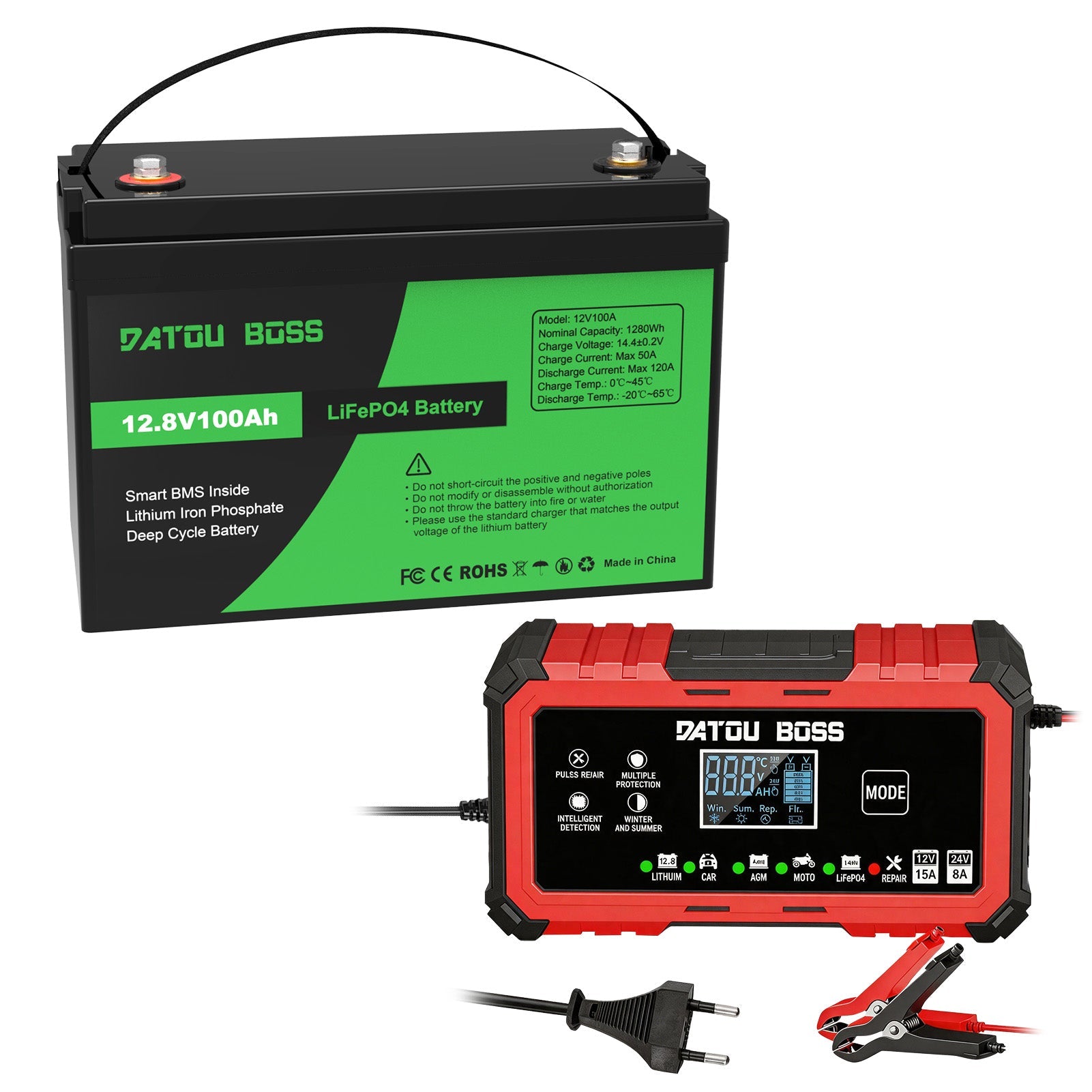 DATOUBOSS 12V 100Ah LiFePO4 Battery &12V 15A charger with activation function,100A BMS 6000+ Cycle for RV Solar Home System Main image