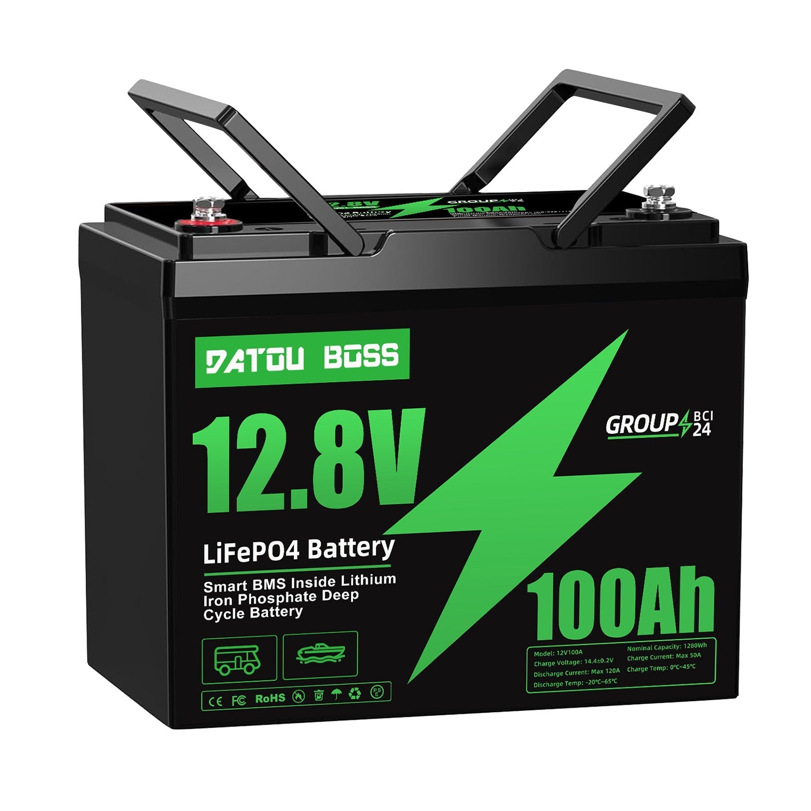 DATOUBOSS 12V 100Ah LiFePO4 Lithium Battery with 100A BMS. 6000+ Deep Cycle, for car, home, and solar systems