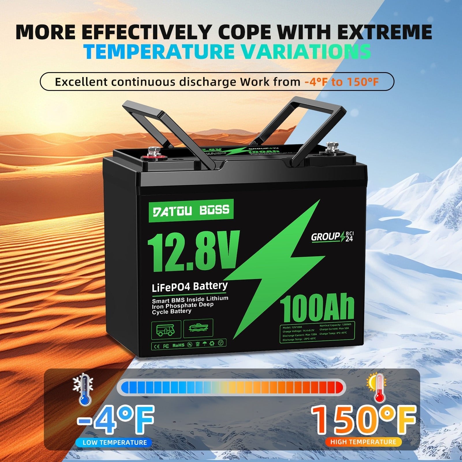 DATOUBOSS 12V 100Ah Lithium LiFePO4 Battery, 100A BMS,6000+ Deep Cycle Battery for Car Home Solar System