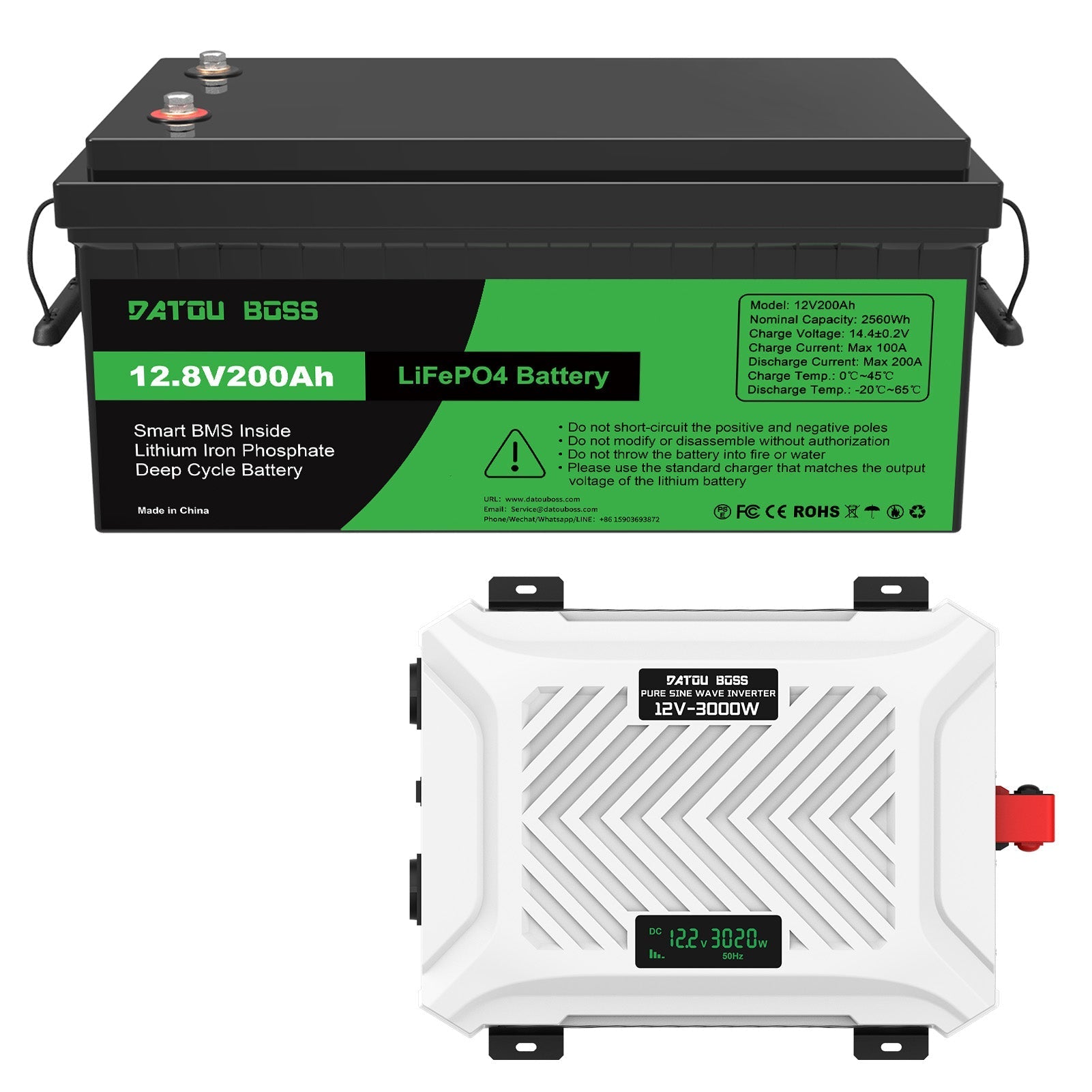 DATOUBOSS 12V 200Ah LiFePO4 Battery with 200A BMS Deep Cycle + 3000W Pure Sine Wave Inverter with 6000W Peak Power, Intelligent Detection & LCD Display, 2 EU Sockets for Off - Grid Living, RV Adventures, Solar Systems, and Emergency Power Solutions - Xdatou | Rechargeable Lifepo4 Batteries Voltage Converters Inverter