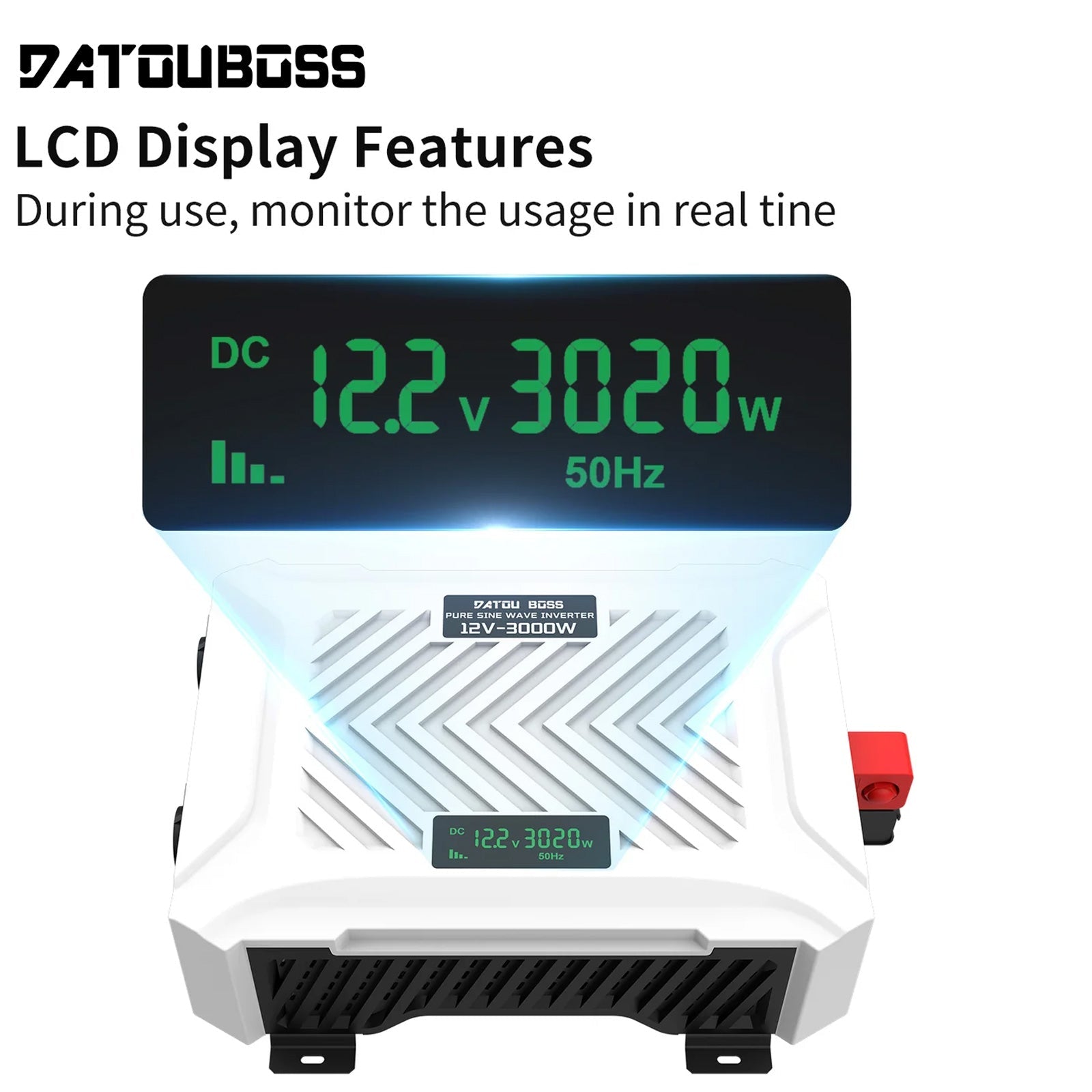 DATOUBOSS 12V 200Ah LiFePO4 Battery with 200A BMS Deep Cycle + 3000W Pure Sine Wave Inverter with 6000W Peak Power, Intelligent Detection & LCD Display, 2 EU Sockets for Off - Grid Living, RV Adventures, Solar Systems, and Emergency Power Solutions - Xdatou | Rechargeable Lifepo4 Batteries Voltage Converters Inverter
