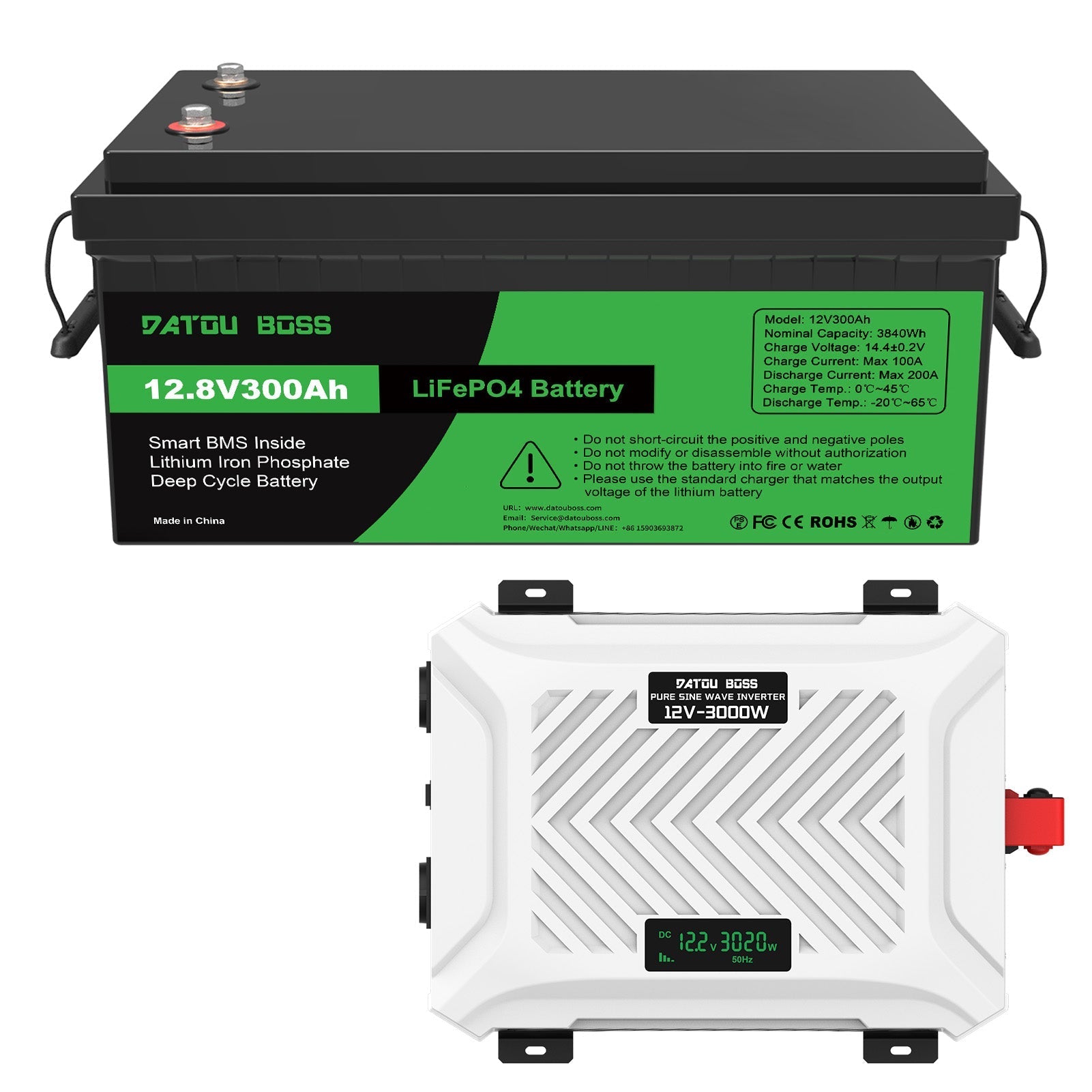 DATOUBOSS 12V 300Ah LiFePO4 Battery with 200A BMS Deep Cycle + 3000W Pure Sine Wave Inverter with 6000W Peak Power, Intelligent Detection & LCD Display, 2 EU Sockets for Off - Grid Living, RV Adventures, Solar Systems, and Emergency Power Solutions - Xdatou | Rechargeable Lifepo4 Batteries Voltage Converters Inverter