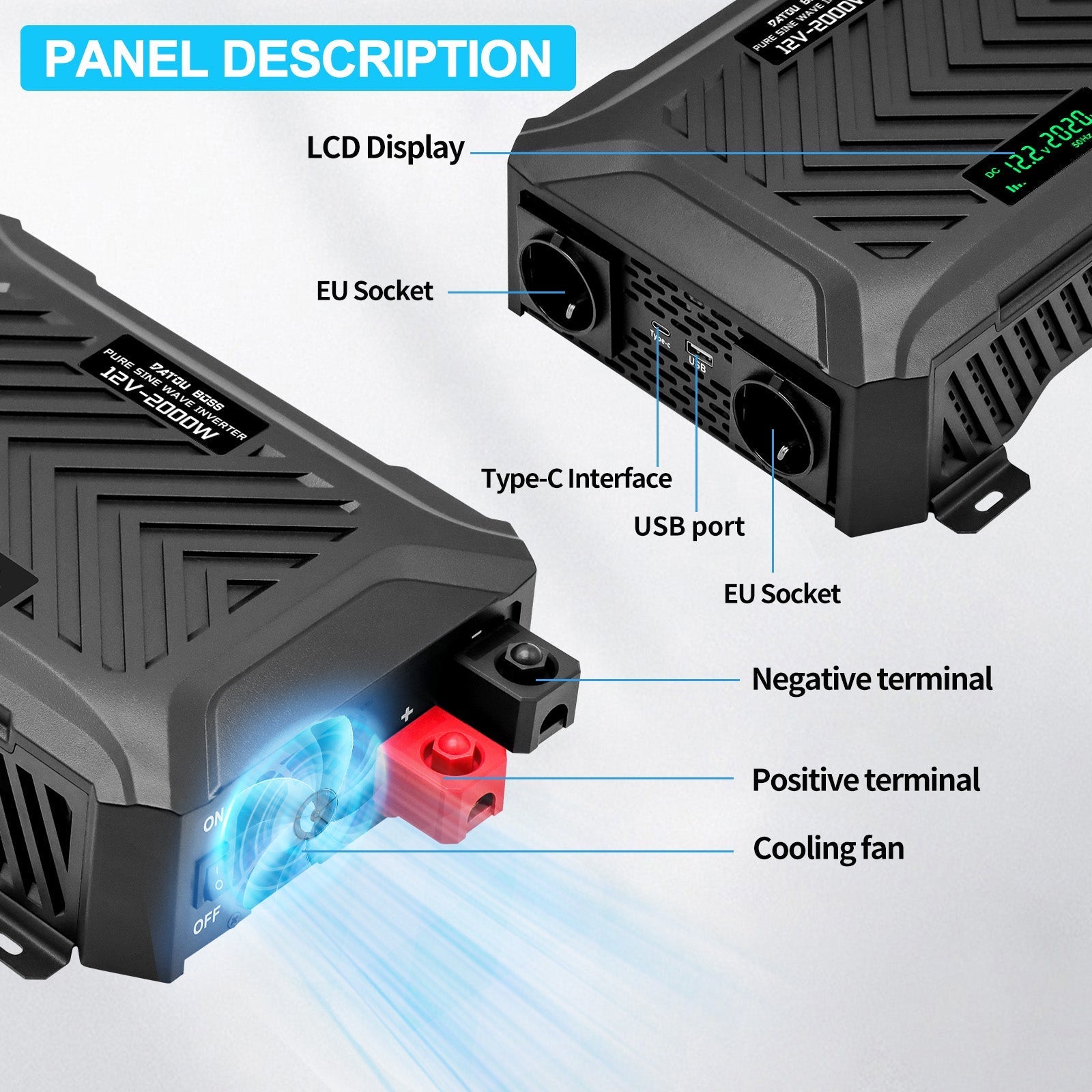 DATOUBOSS 12V 300Ah LiFePO4 Lithium Battery with 200A BMS + 2000W Pure Sine Wave Inverter 12V to 230V AC, 4000W Peak, Intelligent Protection, LCD Display, Dual EU Sockets, Solar Deep Cycle Backup Power System for Camping, RV & Emergency Use - Xdatou | Rechargeable Lifepo4 Batteries Voltage Converters Inverter