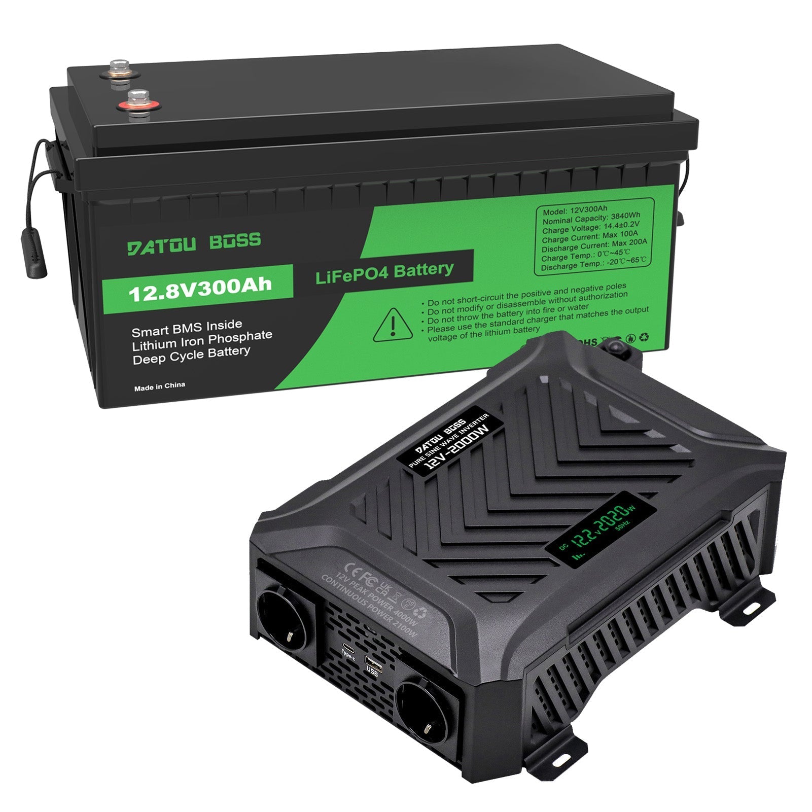 DATOUBOSS 12V 300Ah LiFePO4 Lithium Battery with 200A BMS + 2000W Pure Sine Wave Inverter 12V to 230V AC, 4000W Peak, Intelligent Protection, LCD Display, Dual EU Sockets, Solar Deep Cycle Backup Power System for Camping, RV & Emergency Use - Xdatou | Rechargeable Lifepo4 Batteries Voltage Converters Inverter Main image