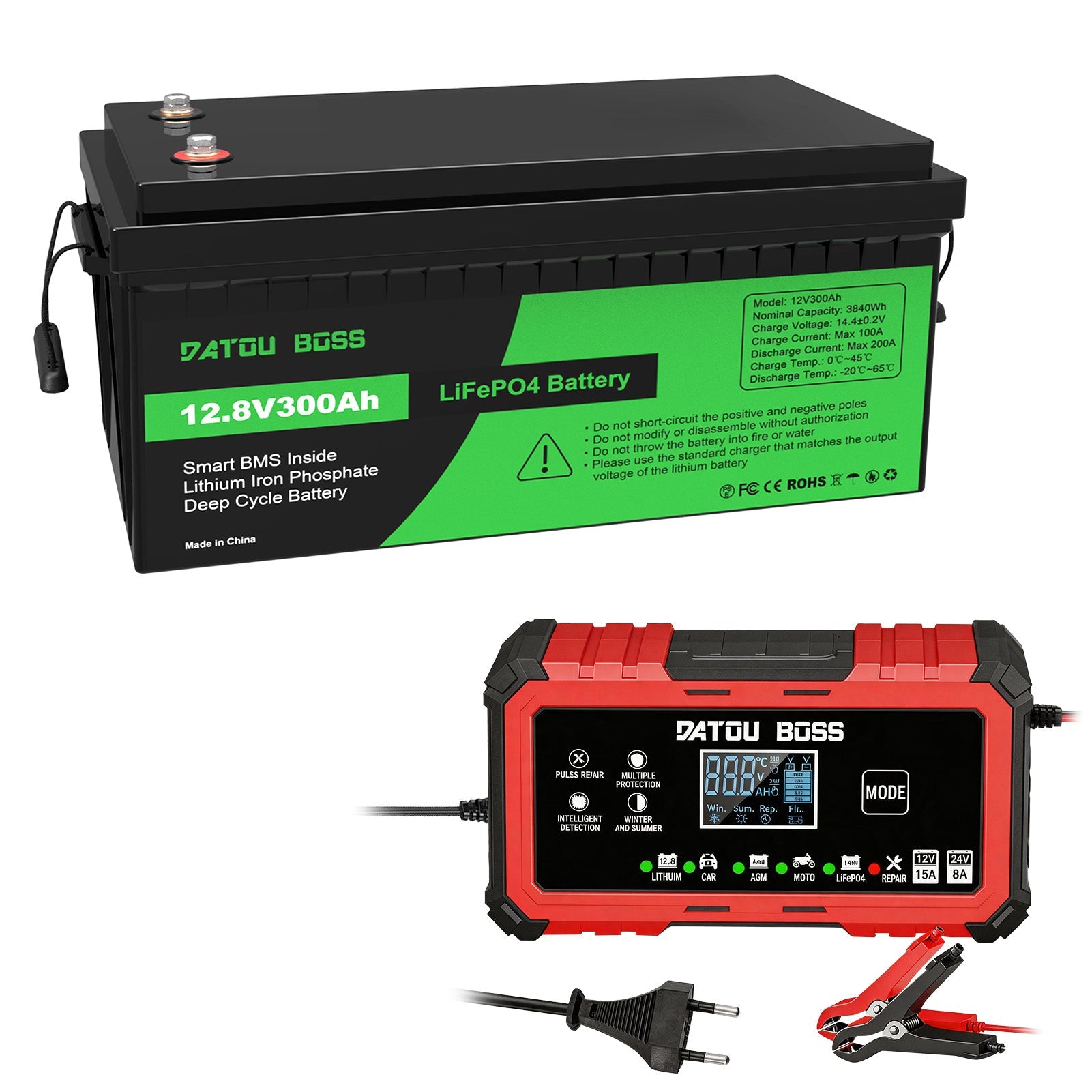 DATOUBOSS 12V 300Ah LiFePO4 Battery with 12V15A Charger, 200A BMS 6000+ Deep Cycle,activation function, for RV DIY Car