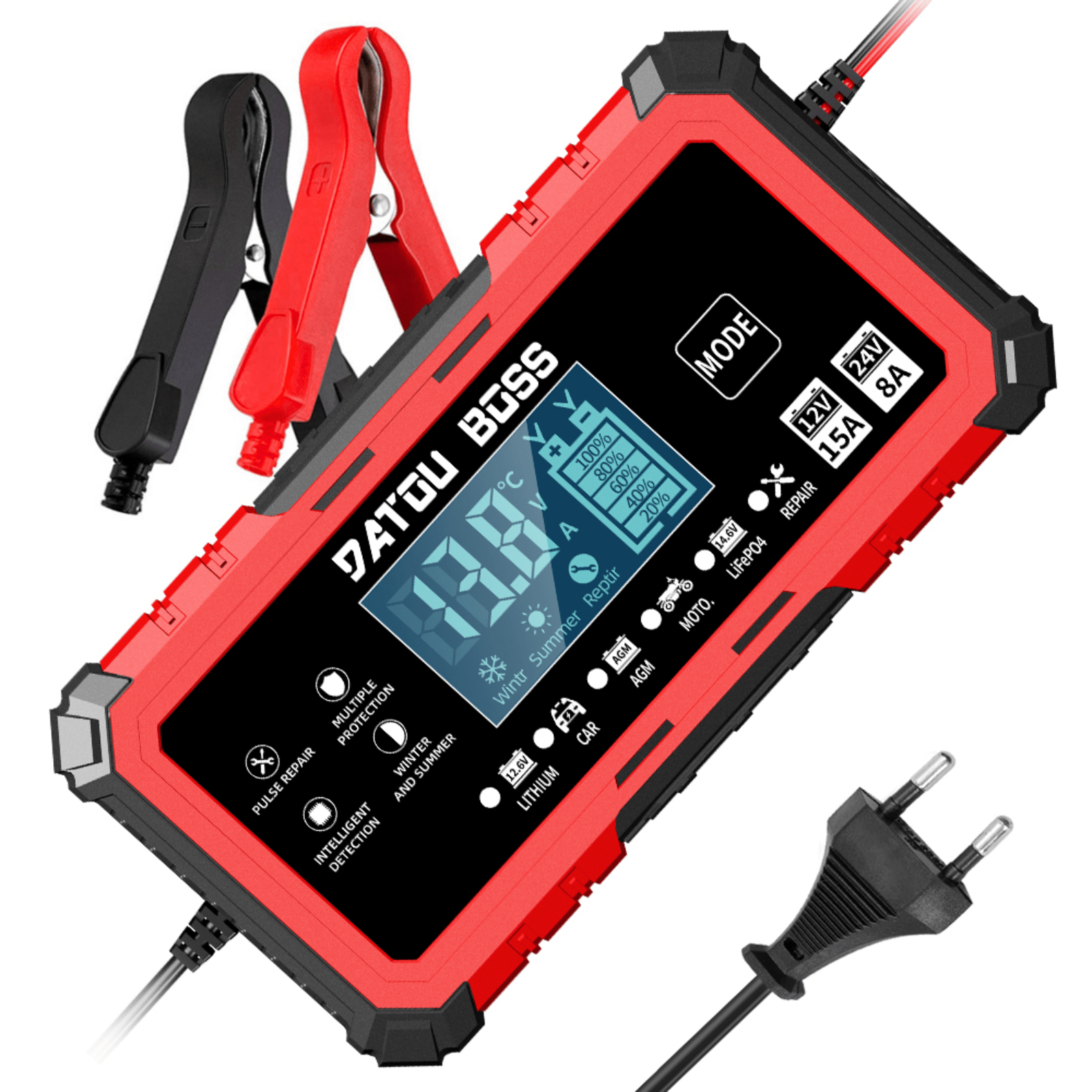 DATOUBOSS 12V15A-24V8 Output Smart Battery Charger (EU Standard), Intelligent adjustment,suitable for 12V/24V batteries.
