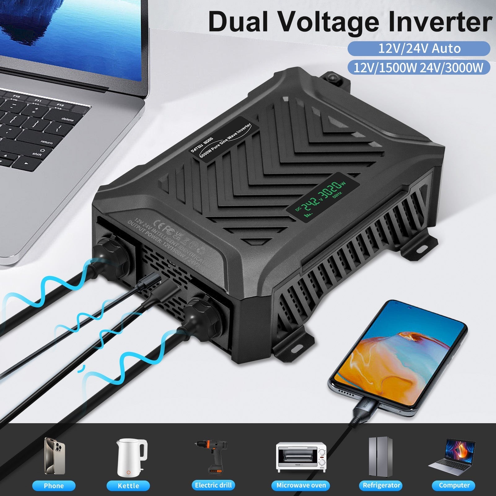 DATOUBOSS 12V/24V to 230V AC Converter 1500W/3000W Pure Sine Wave Inverter, Peak Power 3000W/6000W, with Intelligent Detection System & LCD Display & 2 EU Socket - Xdatou | Rechargeable Lifepo4 Batteries Voltage Converters Inverter