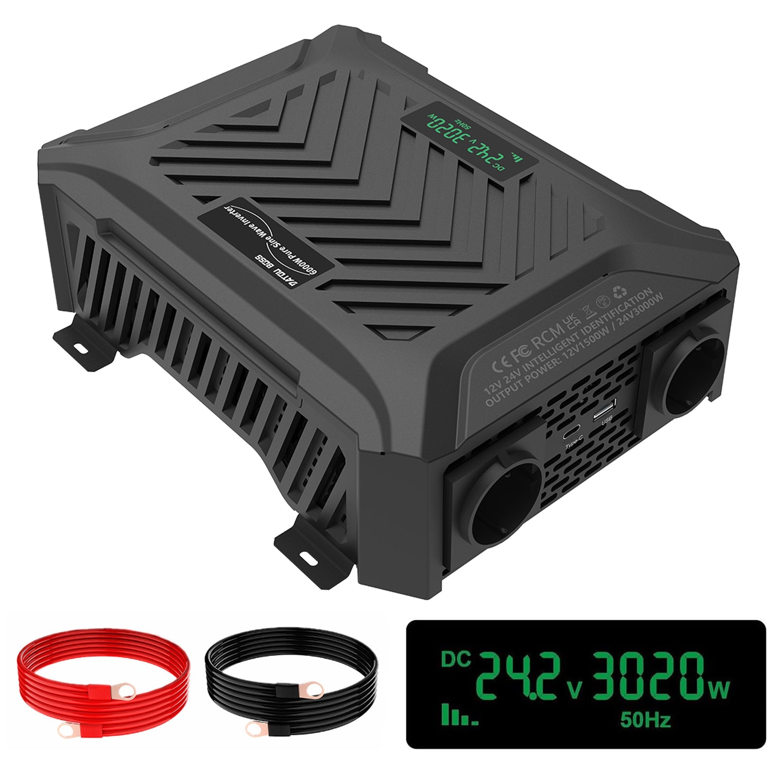 DATOUBOSS 12V/24V to 230V AC Converter 1500W/3000W Pure Sine Wave Inverter, Peak Power 3000W/6000W, with Intelligent Detection System & LCD Display & 2 EU Socket - Xdatou | Rechargeable Lifepo4 Batteries Voltage Converters Inverter