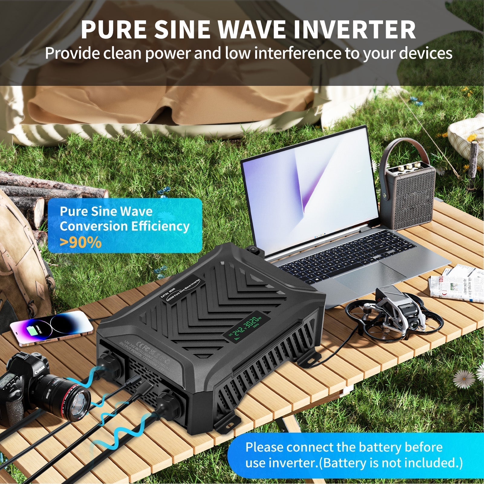 DATOUBOSS 12V/24V to 230V AC Converter 1500W/3000W Pure Sine Wave Inverter, Peak Power 3000W/6000W, with Intelligent Detection System & LCD Display & 2 EU Socket - Xdatou | Rechargeable Lifepo4 Batteries Voltage Converters Inverter