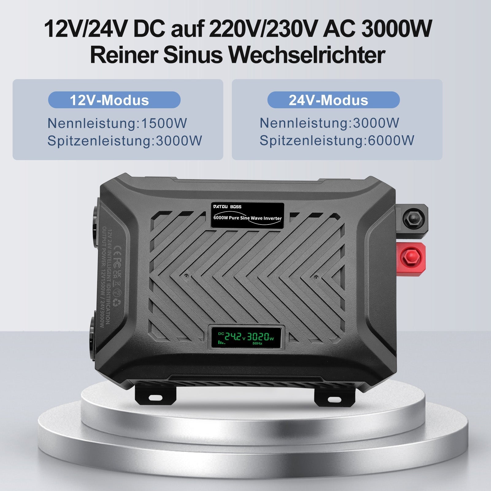 DATOUBOSS 12V/24V to 230V AC Converter 1500W/3000W Pure Sine Wave Inverter, Peak Power 3000W/6000W, with Intelligent Detection System & LCD Display & 2 EU Socket - Xdatou | Rechargeable Lifepo4 Batteries Voltage Converters Inverter