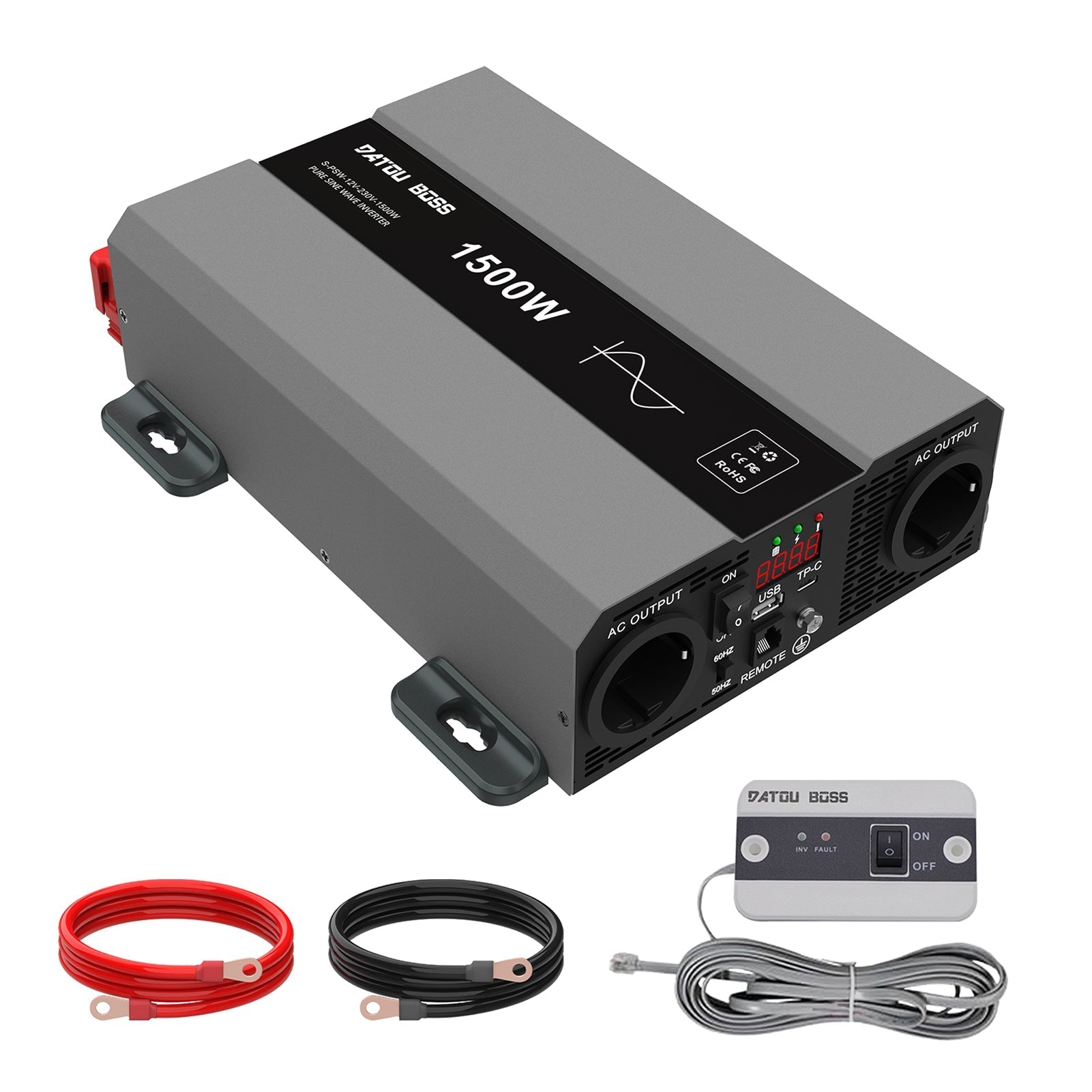 DATOUBOSS 1500W Pure Sine Wave Inverter with 3000W peak power. Features EU sockets, USB ports, for home, cars, and trucks.