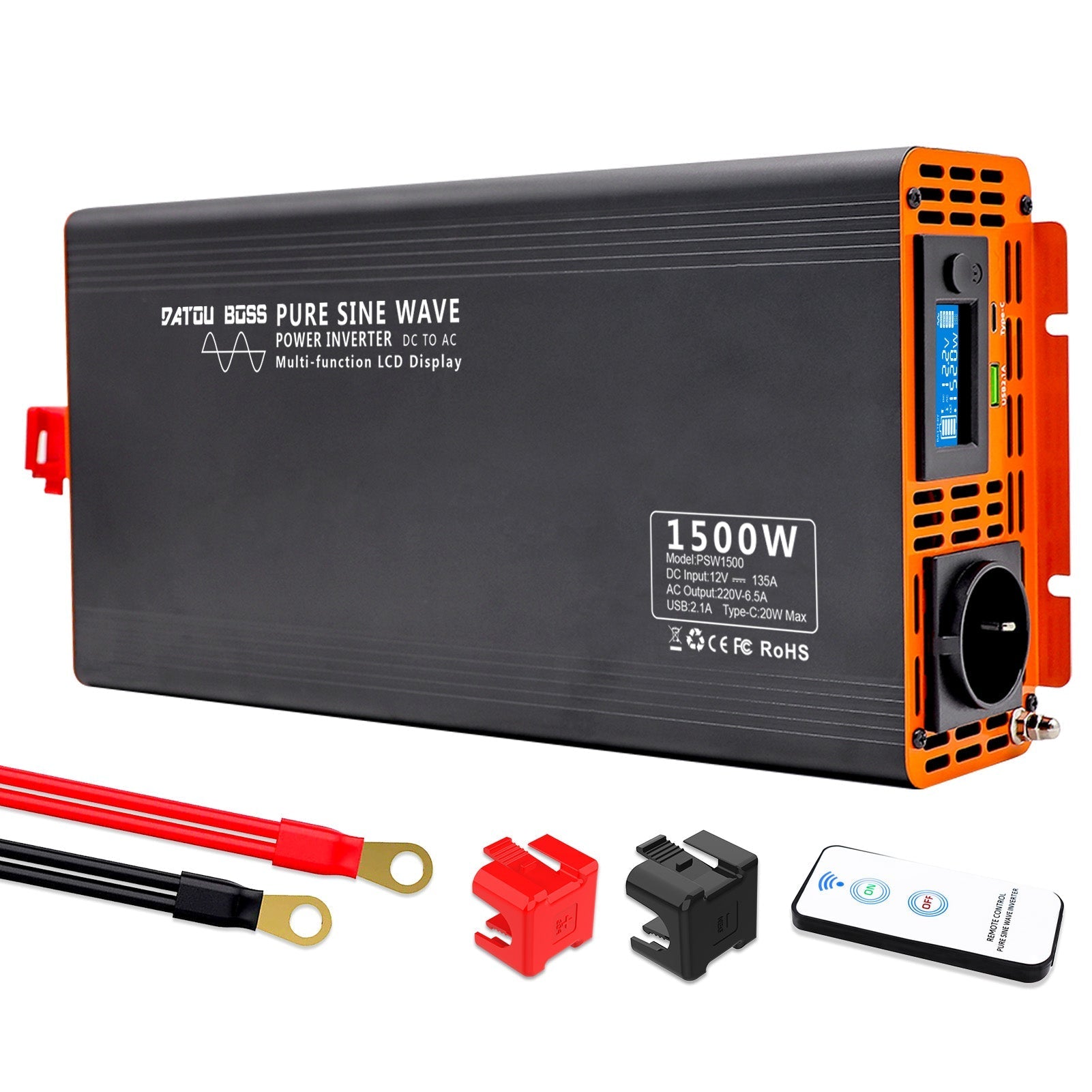 DATOUBOSS 1500W Pure Sine Wave Inverter with 3000W peak power. with EU socket, LCD screen, Type-C USB port for motor car RV