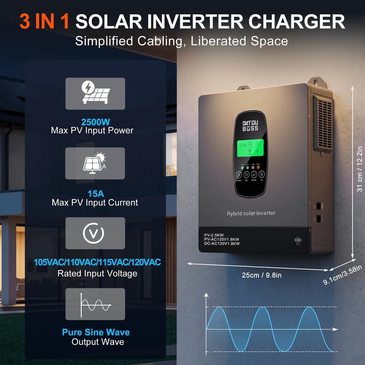 DATOUBOSS 1800W 12V Hybrid Solar Inverter, 110/120V AC Output, 150A MPPT, Battery-Free Solar Inverter with BMS Protection for RV & Home Backup(Compatible with WiFi 06) - Xdatou