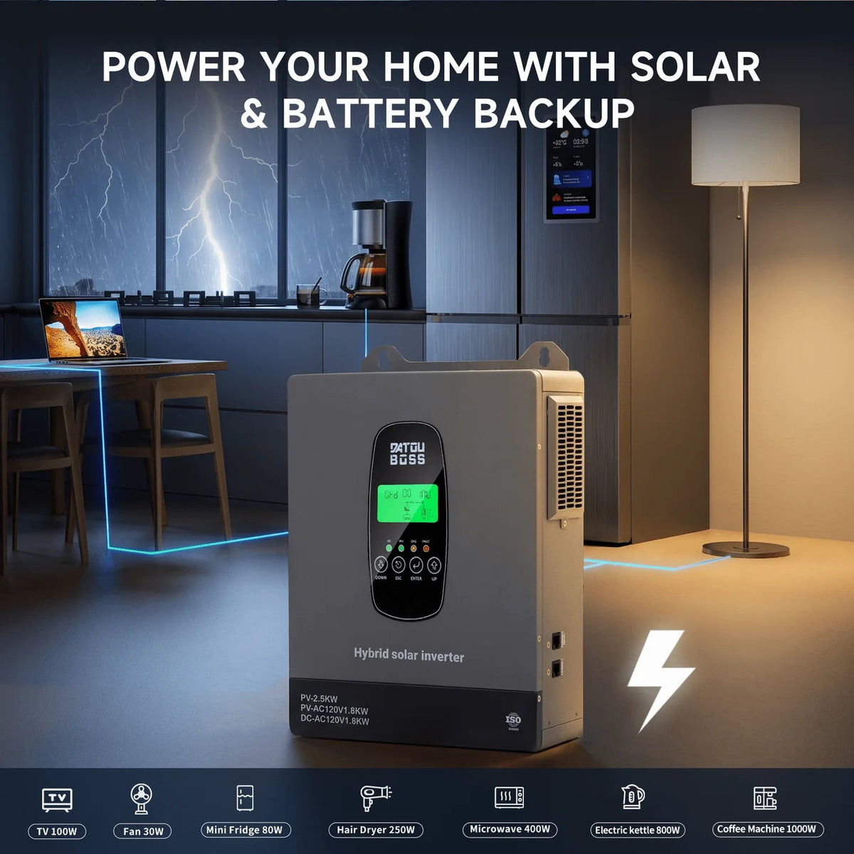 DATOUBOSS 1800W 12V Hybrid Solar Inverter, 110/120V AC Output, 150A MPPT, Battery-Free Solar Inverter with BMS Protection for RV & Home Backup(Compatible with WiFi 06) - Xdatou
