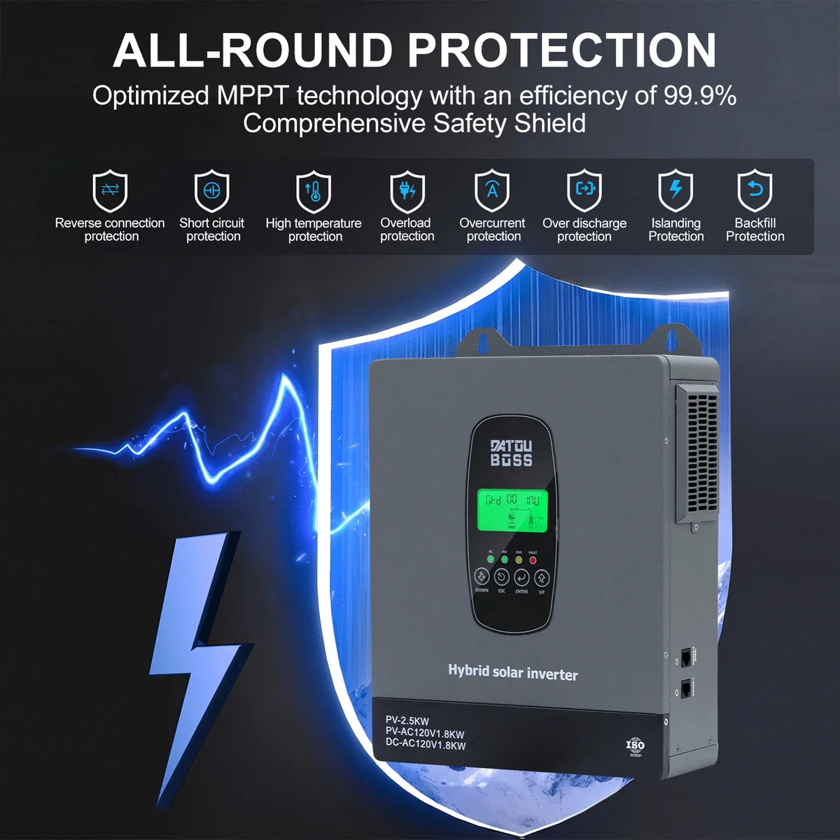 DATOUBOSS 1800W 12V Hybrid Solar Inverter, 110/120V AC Output, 150A MPPT, Battery-Free Solar Inverter with BMS Protection for RV & Home Backup(Compatible with WiFi 06) - Xdatou