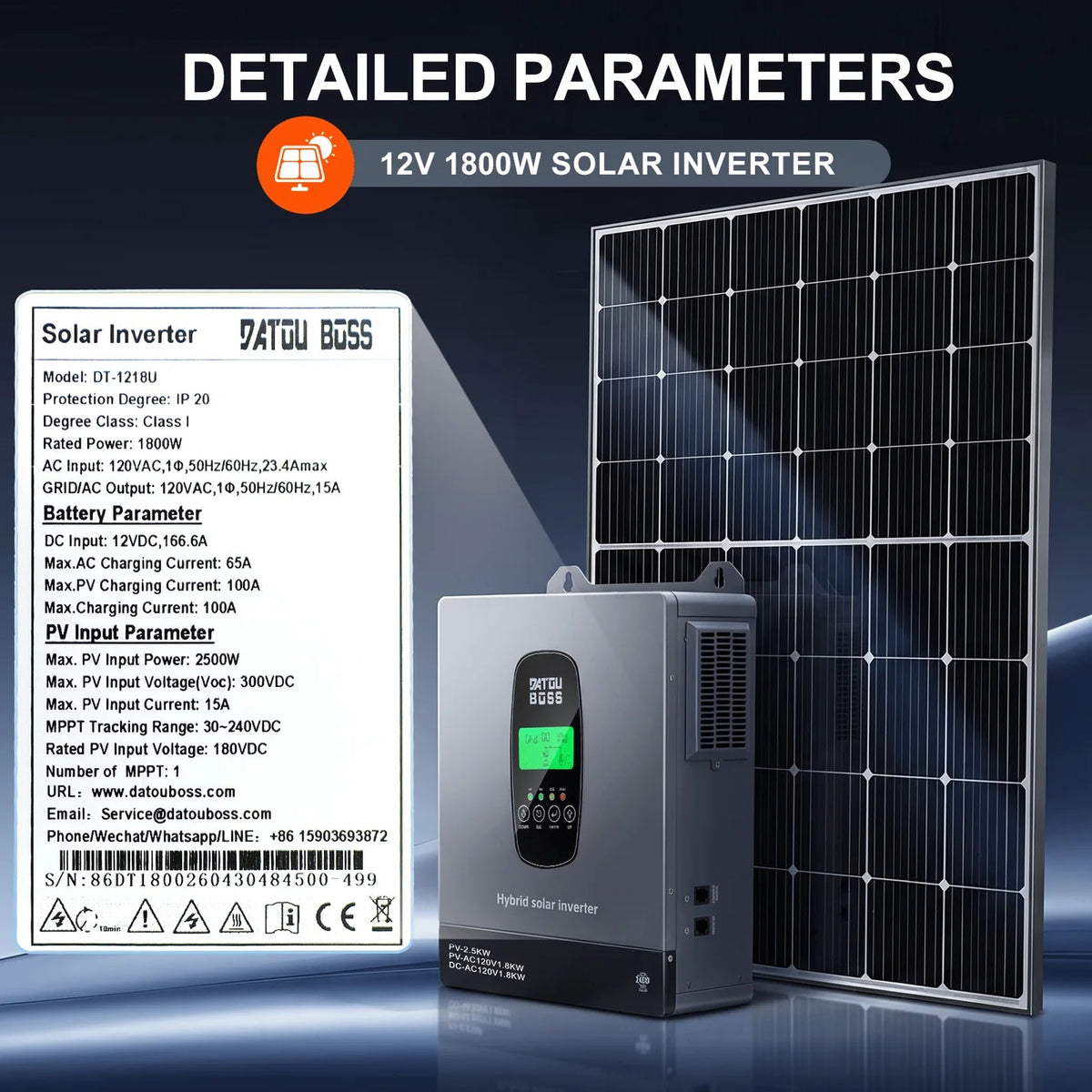 DATOUBOSS 1800W 12V Hybrid Solar Inverter, 110/120V AC Output, 150A MPPT, Battery-Free Solar Inverter with BMS Protection for RV & Home Backup(Compatible with WiFi 06) - Xdatou