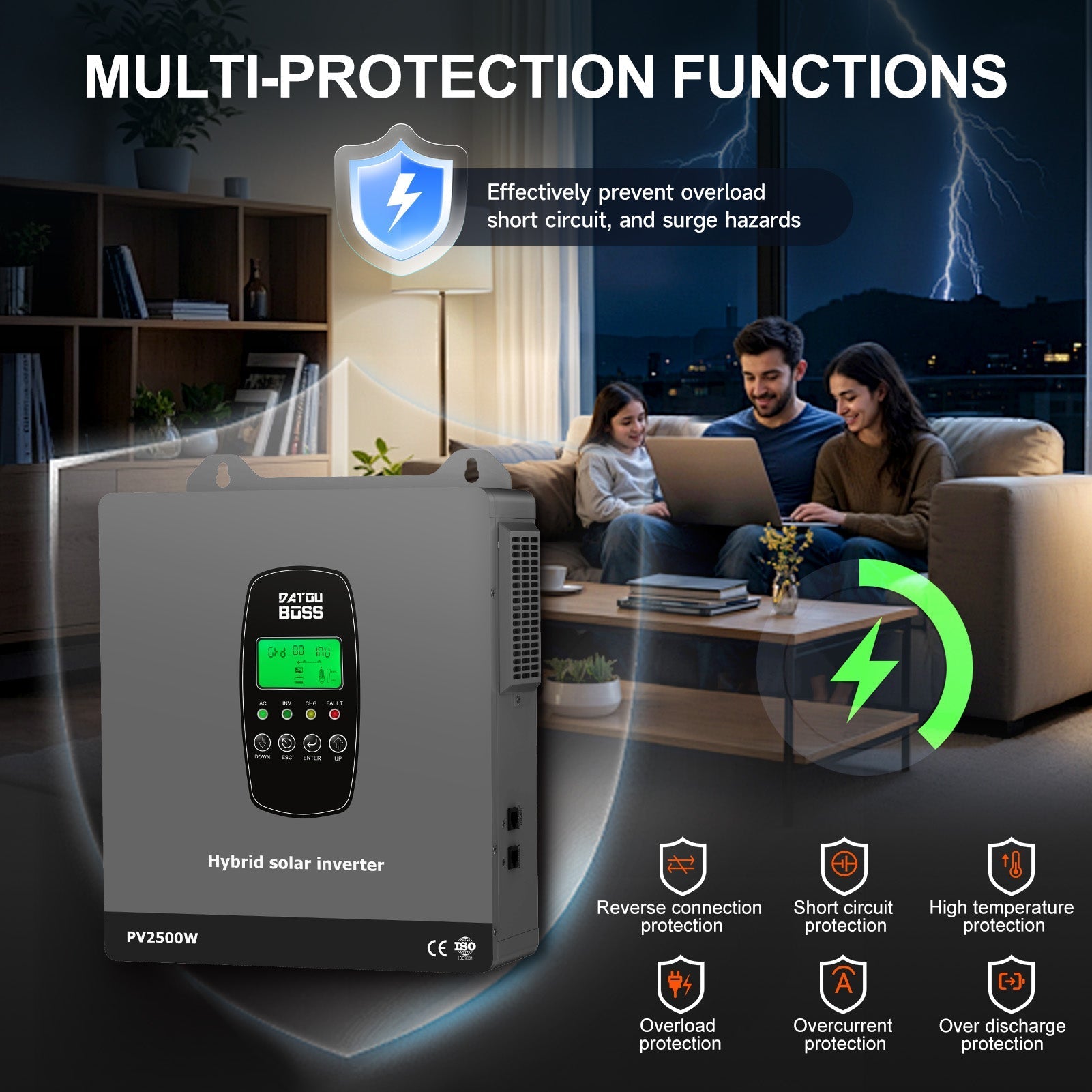 DATOUBOSS 1800W Hybrid Inverter 12V DC to 220/230V AC, Supports Battery-Free Operation, for Off-grid solar system