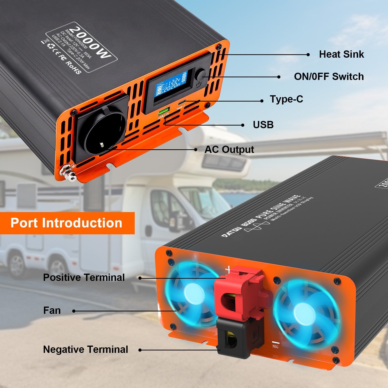 DATOUBOSS 2000W Pure Sine Wave Inverter,4000W peak power. EU socket, screen, Type-C USB port, for home car RV and appliances.