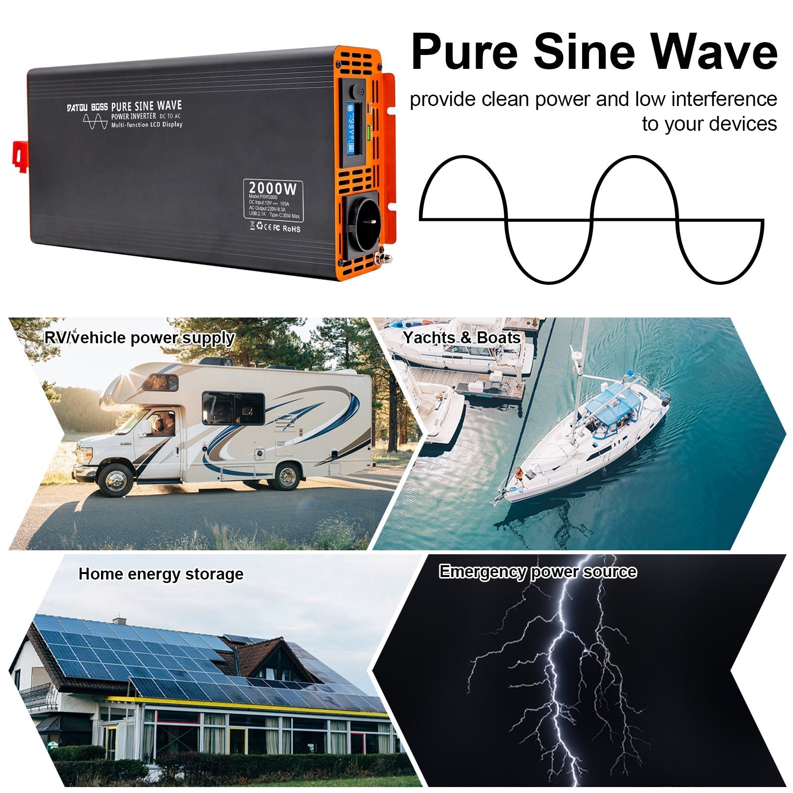DATOUBOSS 2000W Pure Sine Wave Inverter,4000W peak power. EU socket, screen, Type-C USB port, for home car RV and appliances.