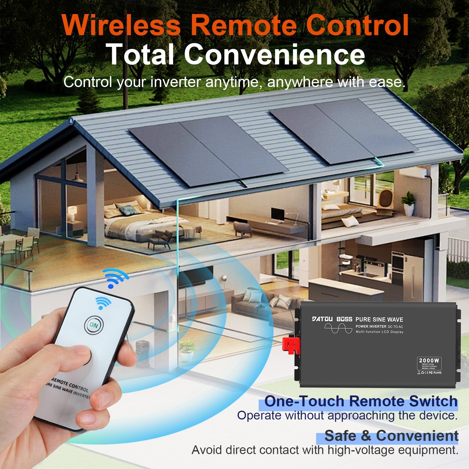 DATOUBOSS 2000W Pure Sine Wave Inverter, 24V to 230V, peak power 4000W. With remote control for RV home outdoor use.