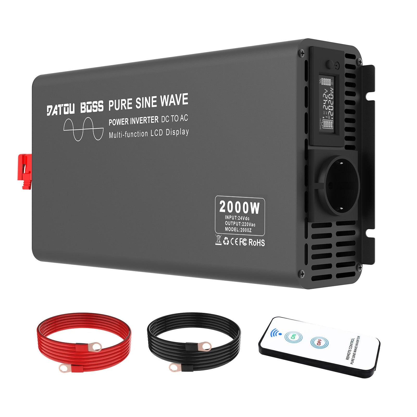 DATOUBOSS 2000W Pure Sine Wave Inverter, 24V to 230V, peak power 4000W. With remote control for RV home outdoor use.