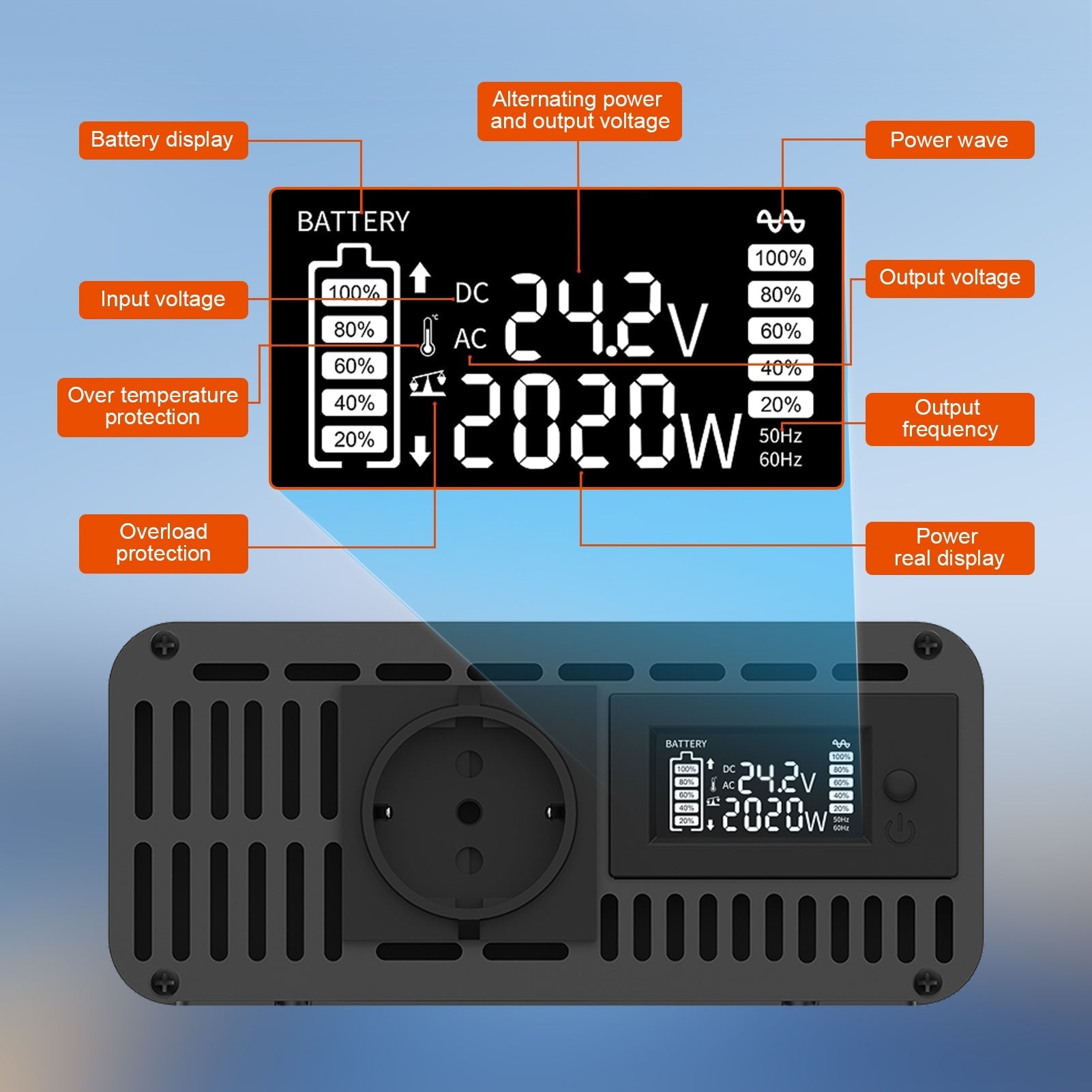 DATOUBOSS 2000W Pure Sine Wave Inverter, 24V to 230V, peak power 4000W. With remote control for RV home outdoor use.
