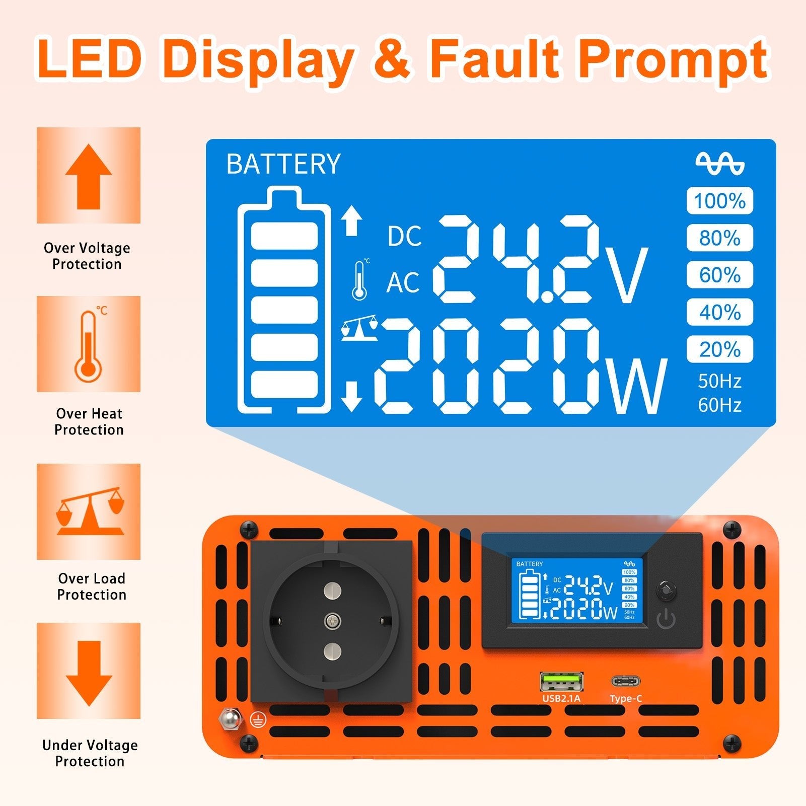 DATOUBOSS 2000W Pure Sine Wave Inverter, 24V to 230V, Peak Power 4000W, with Screen Type C and USB Port for RV Car Home etc
