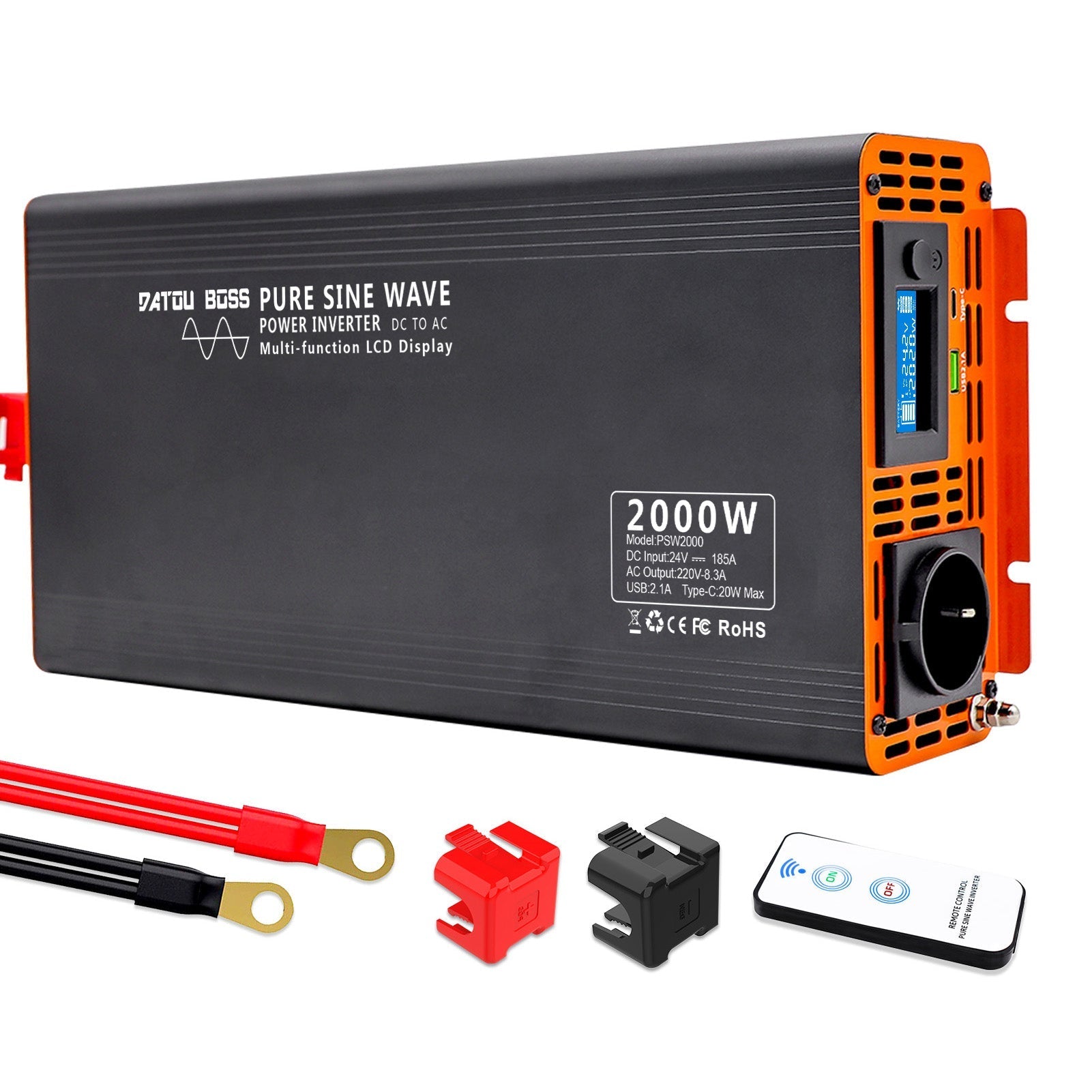 DATOUBOSS 2000W Pure Sine Wave Inverter, 24V to 230V, Peak Power 4000W, with Screen Type C and USB Port for RV Car Home etc