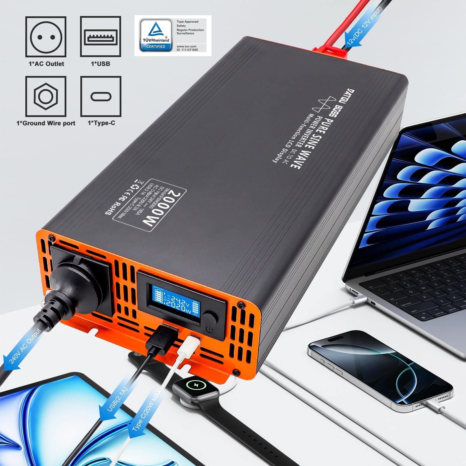 DATOUBOSS 2000W Pure Sine Wave Inverter, 24V to 230V, Peak Power 4000W, with Screen Type C and USB Port for RV Car Home etc