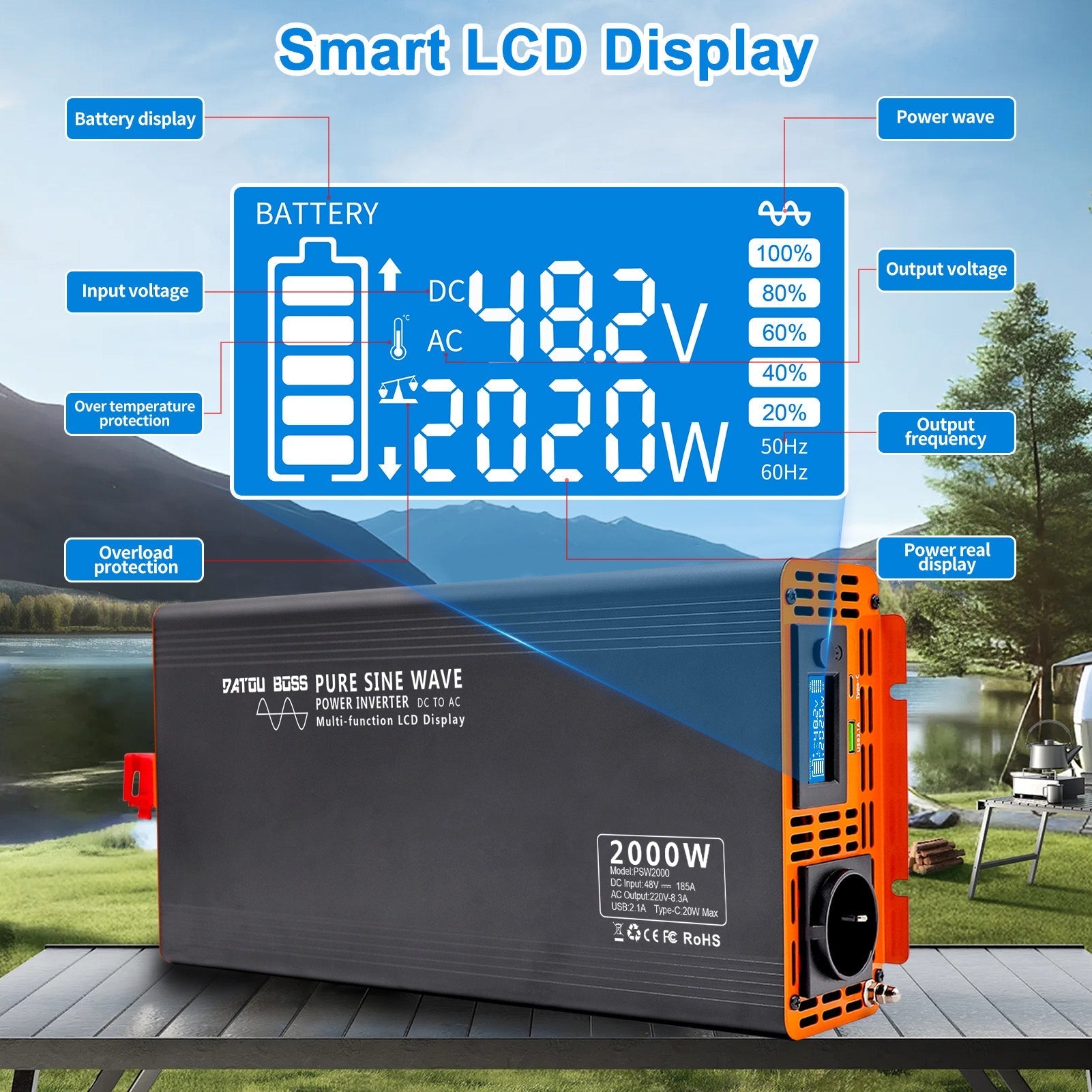 DATOUBOSS 2000W Pure Sine Wave Inverter, 48V to 230V AC Voltage Converter, Peak Power 4000W with 1 EU Socket, LCD Screen, 1 Type - C and 1 USB Ports for Household Appliances, Motorhome Car, Truck - Xdatou | Rechargeable Lifepo4 Batteries Voltage Converters Inverter