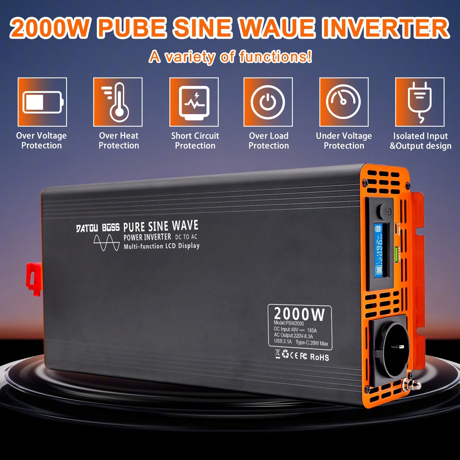 DATOUBOSS 2000W Pure Sine Wave Inverter, 48V to 230V AC Voltage Converter, Peak Power 4000W with 1 EU Socket, LCD Screen, 1 Type - C and 1 USB Ports for Household Appliances, Motorhome Car, Truck - Xdatou | Rechargeable Lifepo4 Batteries Voltage Converters Inverter