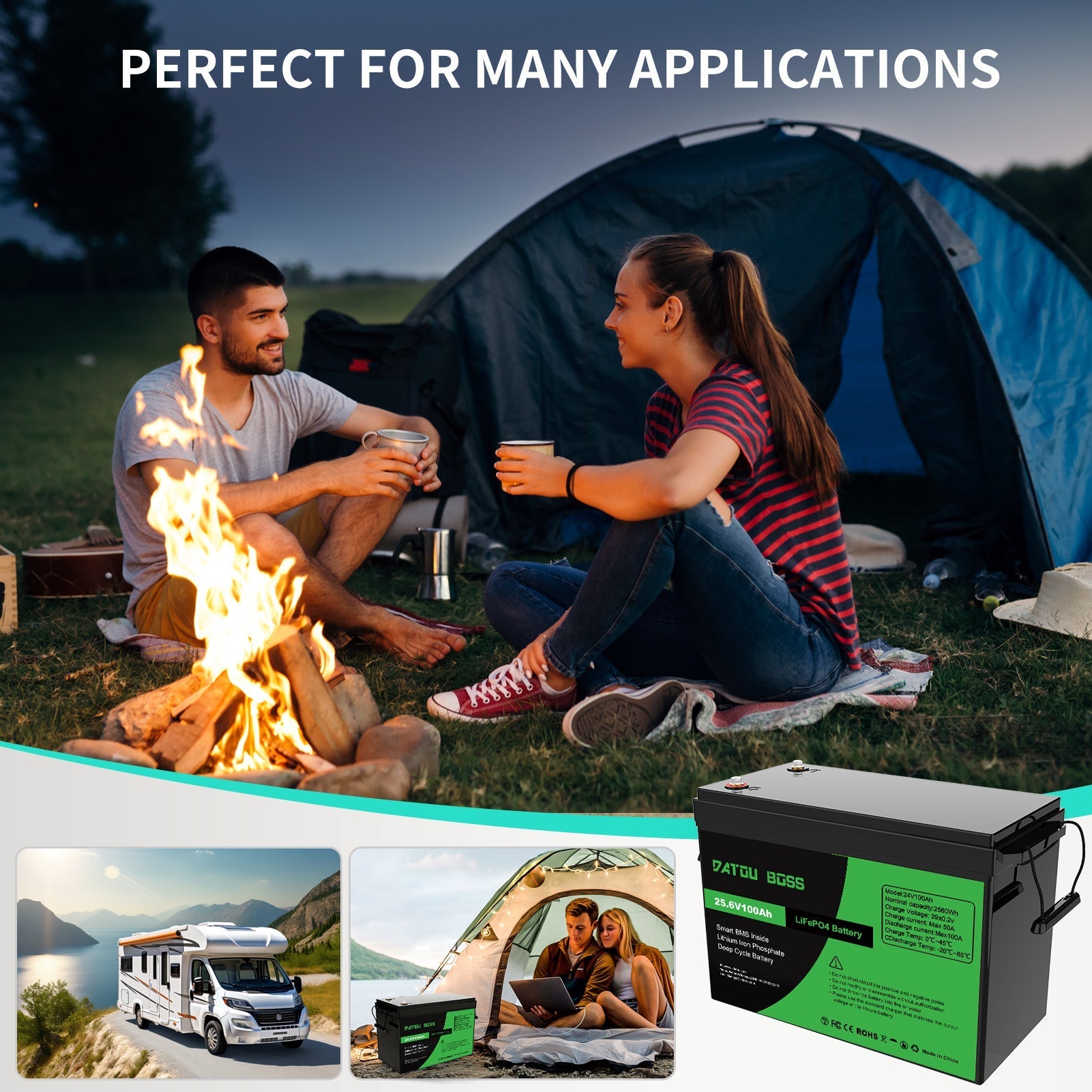 DATOUBOSS 24V 100Ah Lithium LiFePO4 Battery with 100A BMS Deep Cycle Battery for DIY Motorhome Solar Home System - Xdatou | Rechargeable Lifepo4 Batteries Voltage Converters Inverter