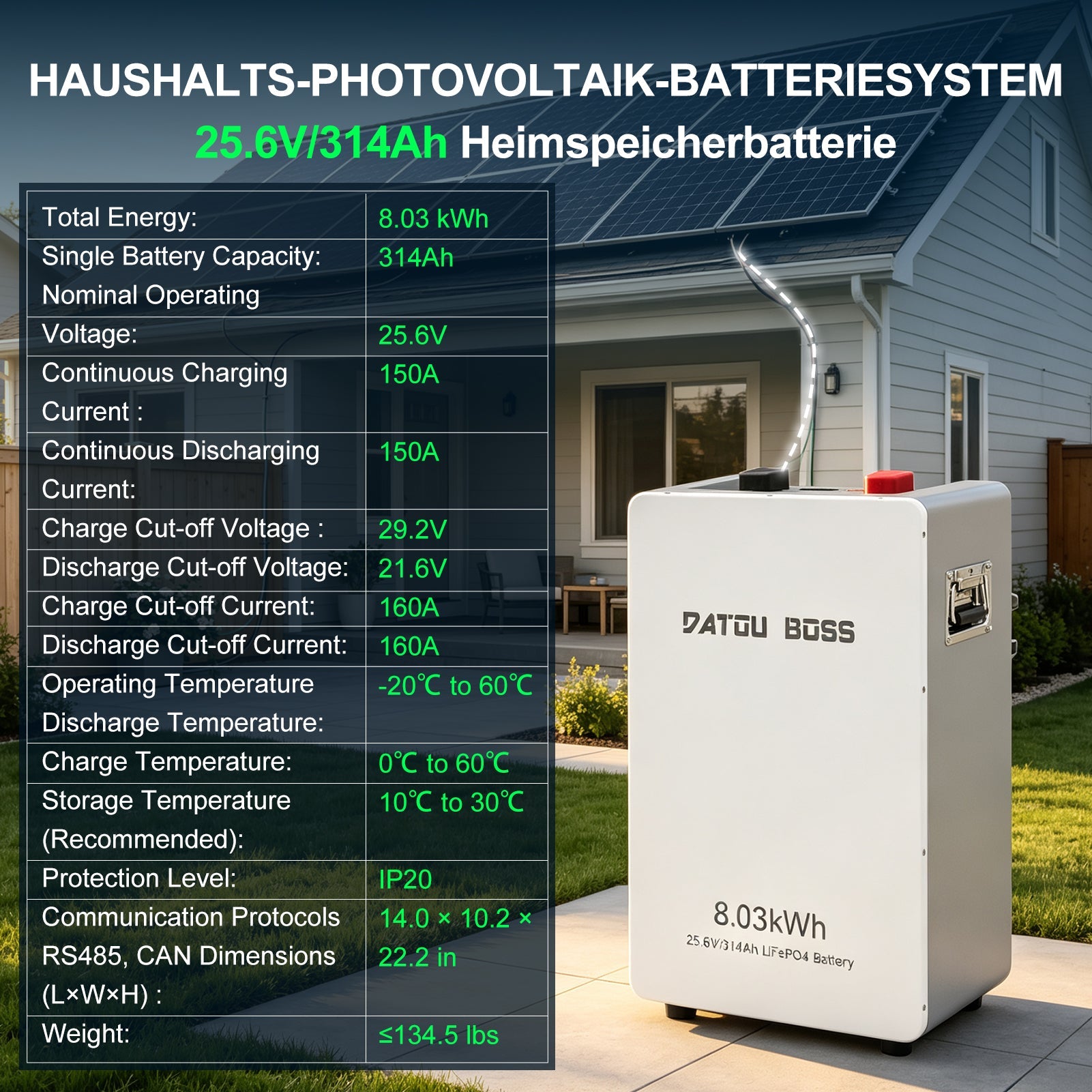 DATOUBOSS 24V 314Ah LiFePO4 Solar Battery, 8kWh Energy Storage with 150A BMS for Home & Off-Grid - Xdatou | Rechargeable Lifepo4 Batteries Voltage Converters Inverter