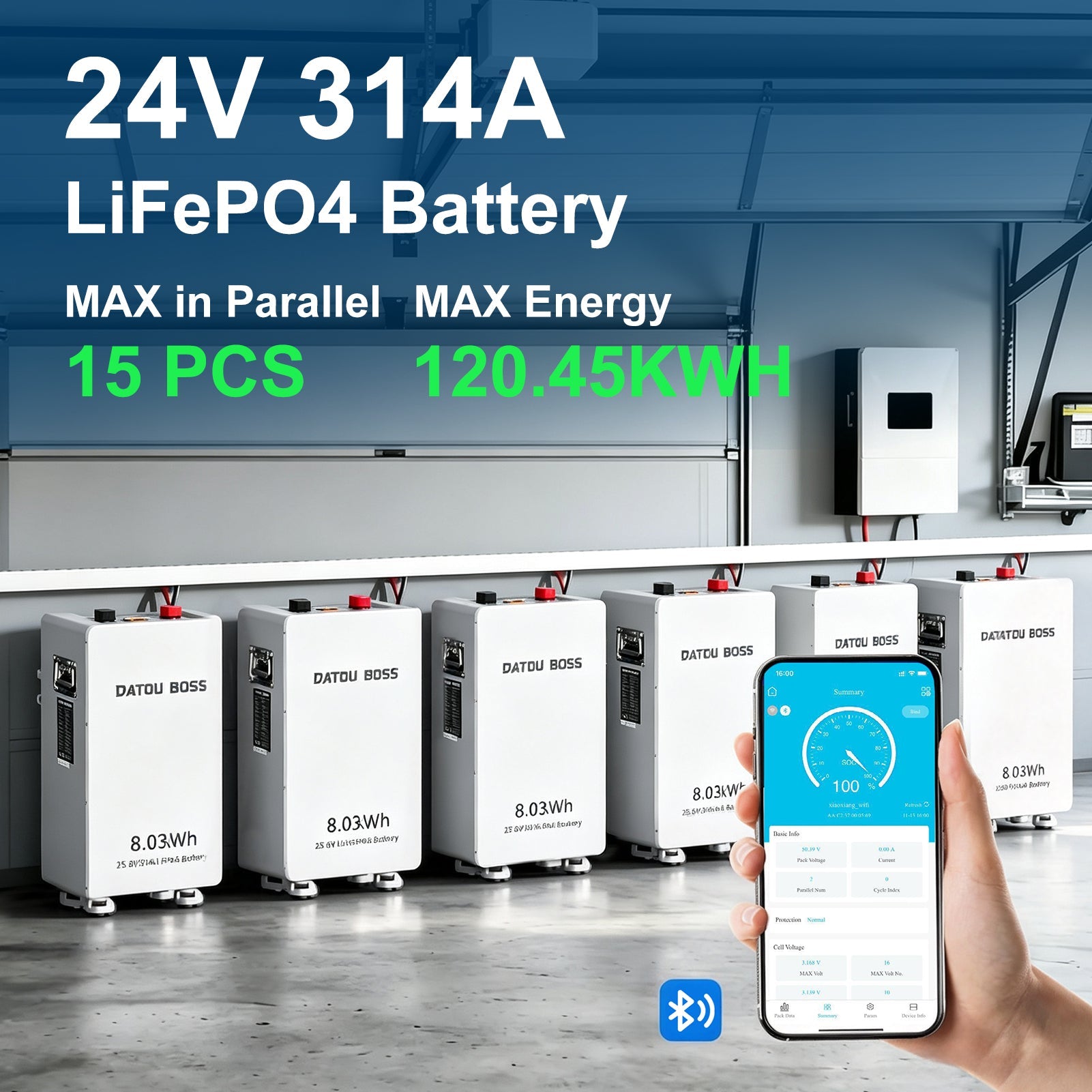 DATOUBOSS 24V 314Ah LiFePO4 Solar Battery, 8kWh Energy Storage with 150A BMS for Home & Off-Grid - Xdatou | Rechargeable Lifepo4 Batteries Voltage Converters Inverter
