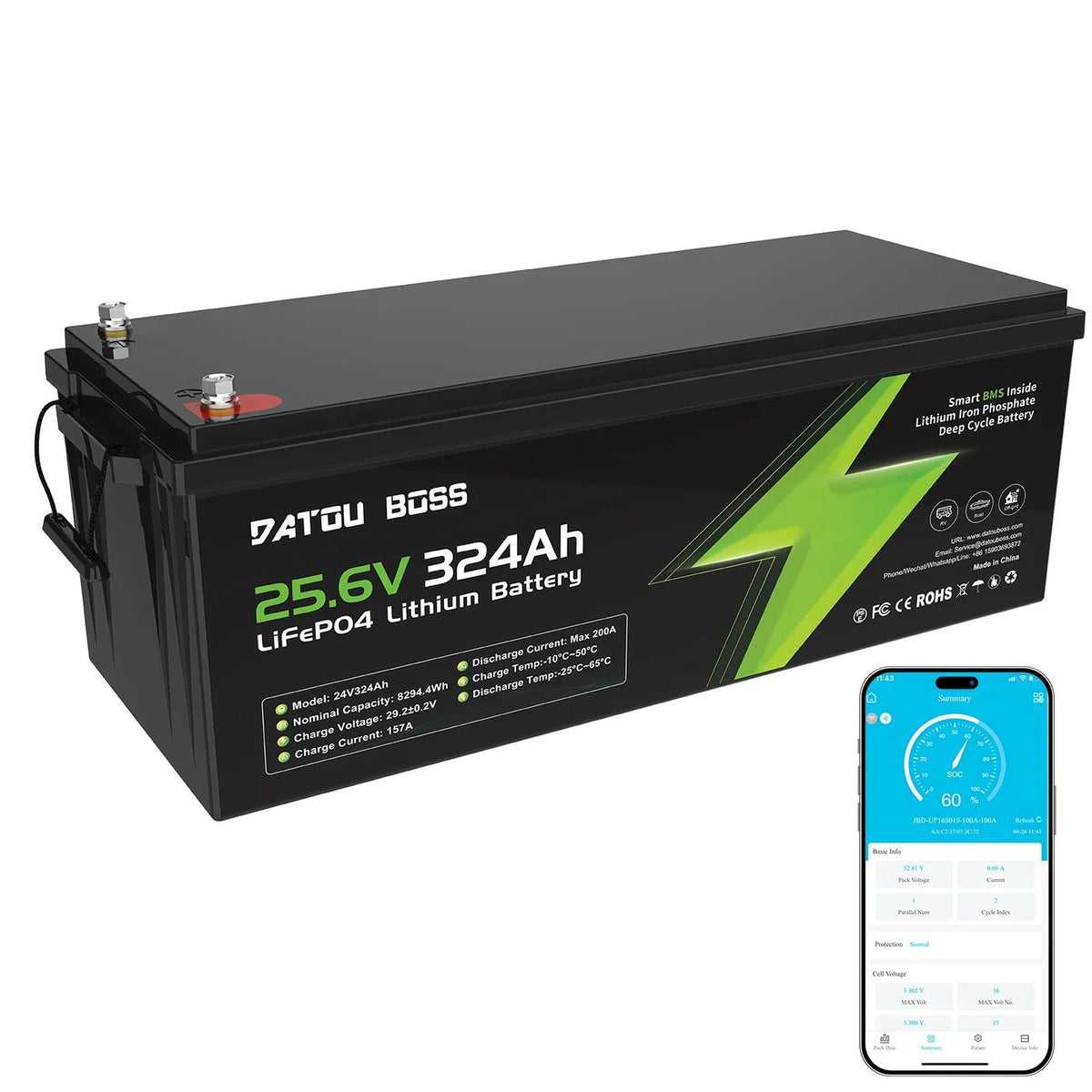 DATOUBOSS 24V 324Ah LiFePO4 Battery | 200A Smart BMS | Bluetooth & Low-Temp Protection | 15000 Cycles for RV, Solar - Xdatou