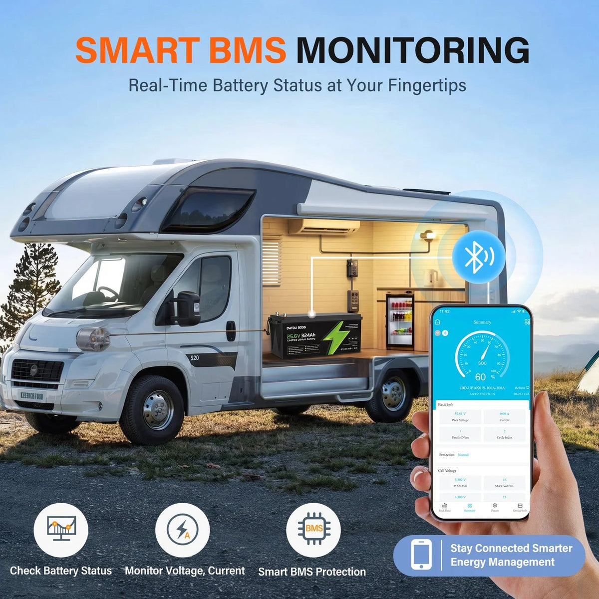 DATOUBOSS 24V 324Ah LiFePO4 Battery | 200A Smart BMS | Bluetooth & Low-Temp Protection | 15000 Cycles for RV, Solar - Xdatou