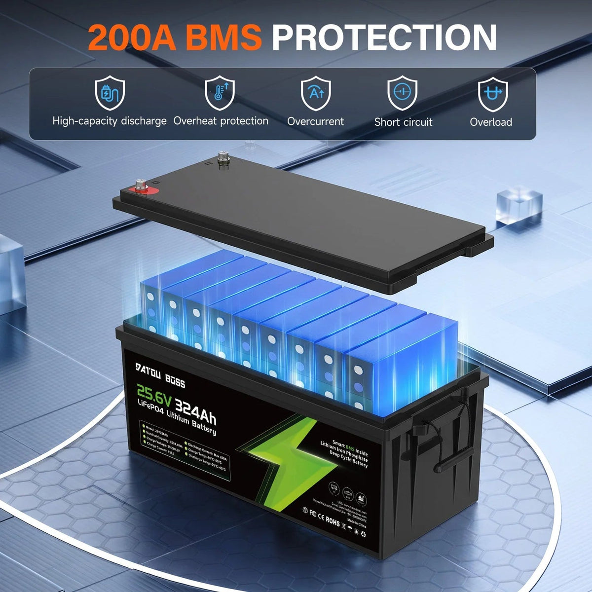 DATOUBOSS 24V 324Ah LiFePO4 Battery | 200A Smart BMS | Bluetooth & Low-Temp Protection | 15000 Cycles for RV, Solar - Xdatou