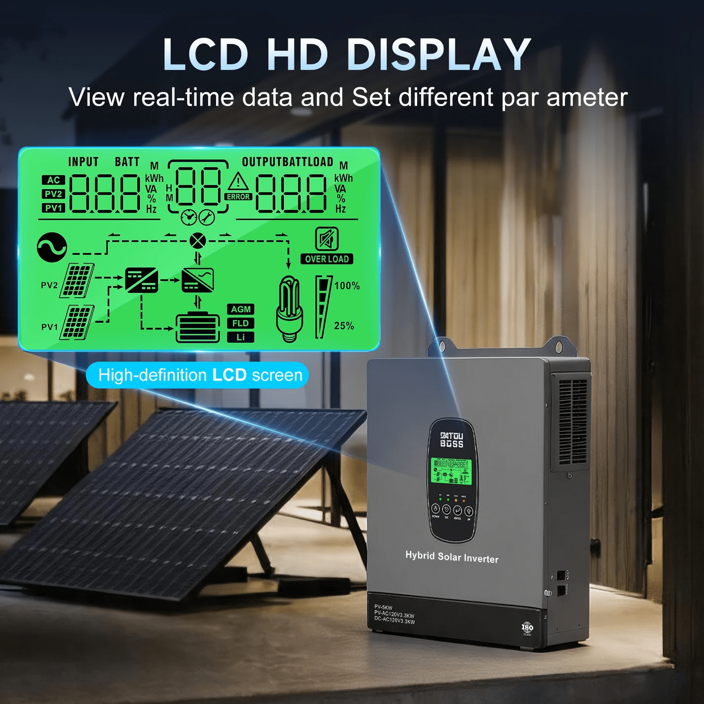 DATOUBOSS 24V 3300W Hybrid Solar Inverter + 8kWh 314Ah LiFePO4 Battery (150A BMS), 150A MPPT, Battery-Free Operation, 24V DC to 120V AC for Home Backup & Off-Grid Systems - Xdatou | Rechargeable Lifepo4 Batteries Voltage Converters Inverter